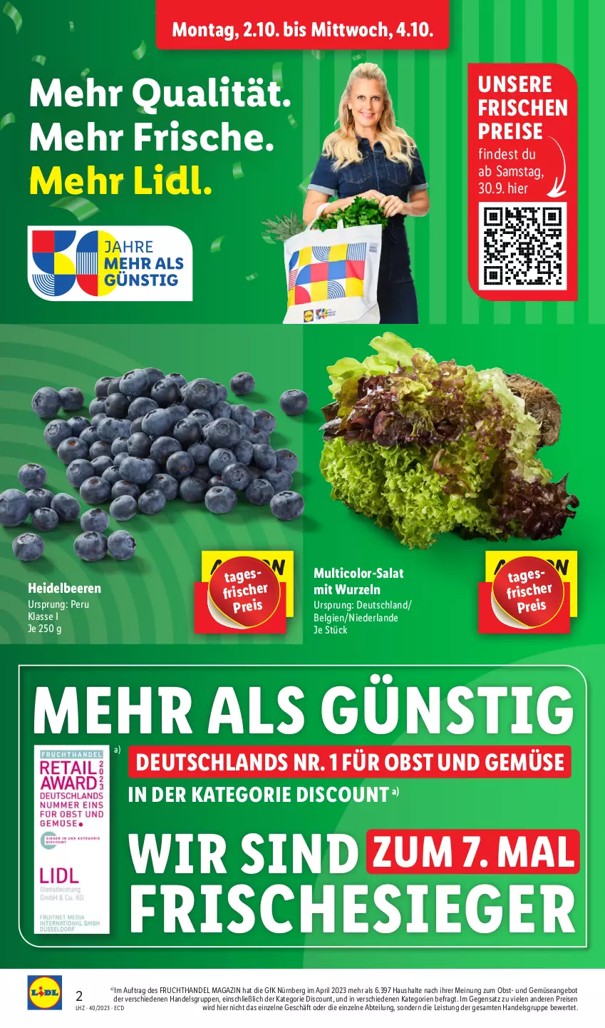 Aktueller Prospekt Lidl - Aktionsprospekt - von 02.10 bis 07.10.2023 - strona 2 - produkty: Abtei, angebot, beere, beeren, discount, eis, frucht, heidelbeere, heidelbeeren, LG, magazin, obst, Obst und Gemüse, pril, reis, salat, Ti, und gemüse