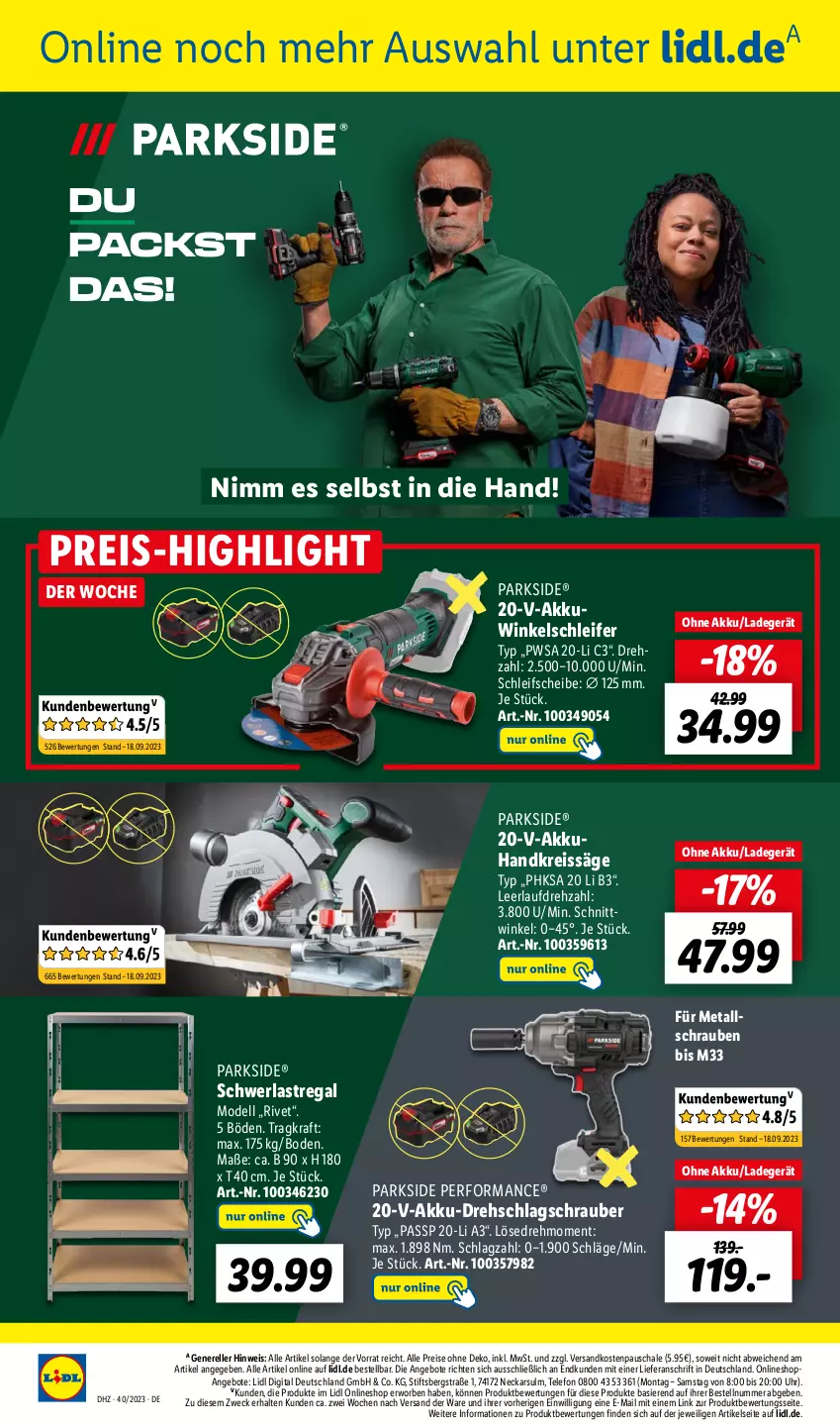 Aktueller Prospekt Lidl - Aktionsprospekt - von 02.10 bis 07.10.2023 - strona 24 - produkty: akku, angebot, angebote, dell, eis, elle, Handkreissäge, kraft, ladegerät, Mode, ndk, Parkside, regal, reis, reiss, rel, säge, Schal, Schale, schrauben, schwerlastregal, telefon, Ti, uhr, weck, Winkelschleifer