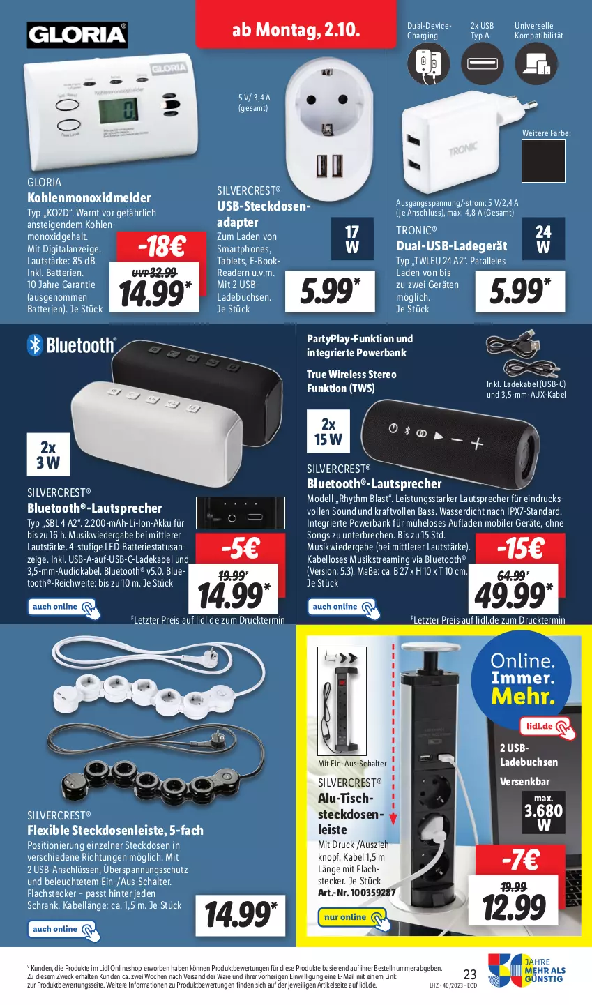 Aktueller Prospekt Lidl - Aktionsprospekt - von 02.10 bis 07.10.2023 - strona 29 - produkty: adapter, akku, Bank, batterie, batterien, bluetooth®-lautsprecher, buch, deka, dell, eis, elle, gin, kraft, lachs, ladegerät, ladekabel, lautsprecher, Leuchte, li-ion-akku, Mode, powerbank, reis, rel, Ria, Schal, Schrank, silvercrest, smartphone, smartphones, steckdose, Steckdosenadapter, Steckdosenleiste, tablet, Tablets, Ti, tisch, usb, wasser, weck, ZTE