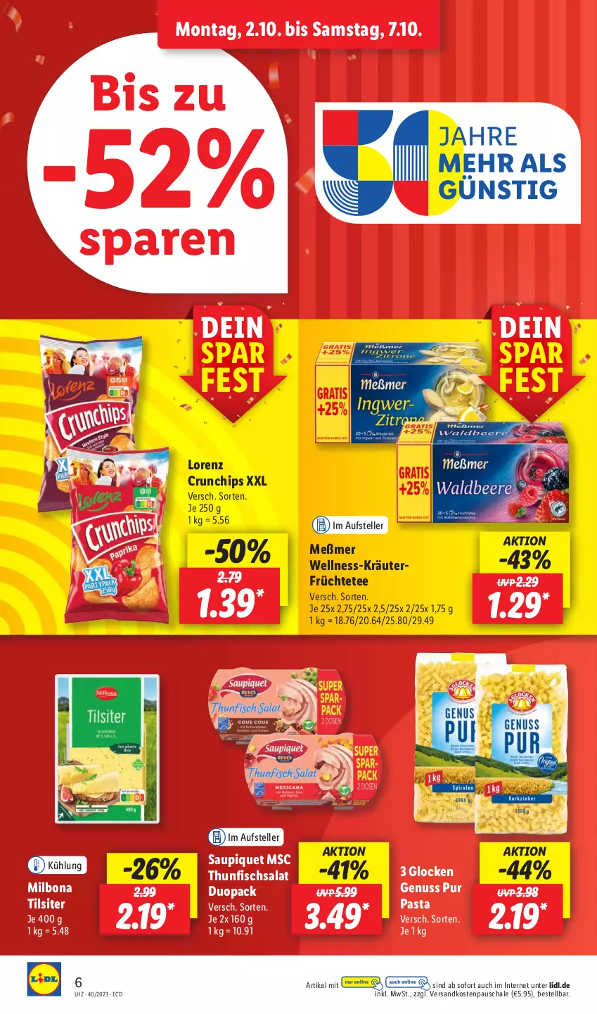 Aktueller Prospekt Lidl - Aktionsprospekt - von 02.10 bis 07.10.2023 - strona 8 - produkty: Bona, chips, crunchips, elle, fisch, früchte, Früchtetee, kräuter, lorenz, lorenz crunchips, Meßmer, Milbona, ndk, nuss, pasta, salat, saupiquet, Schal, Schale, tee, teller, thunfisch, Thunfischsalat, Ti, Tilsiter