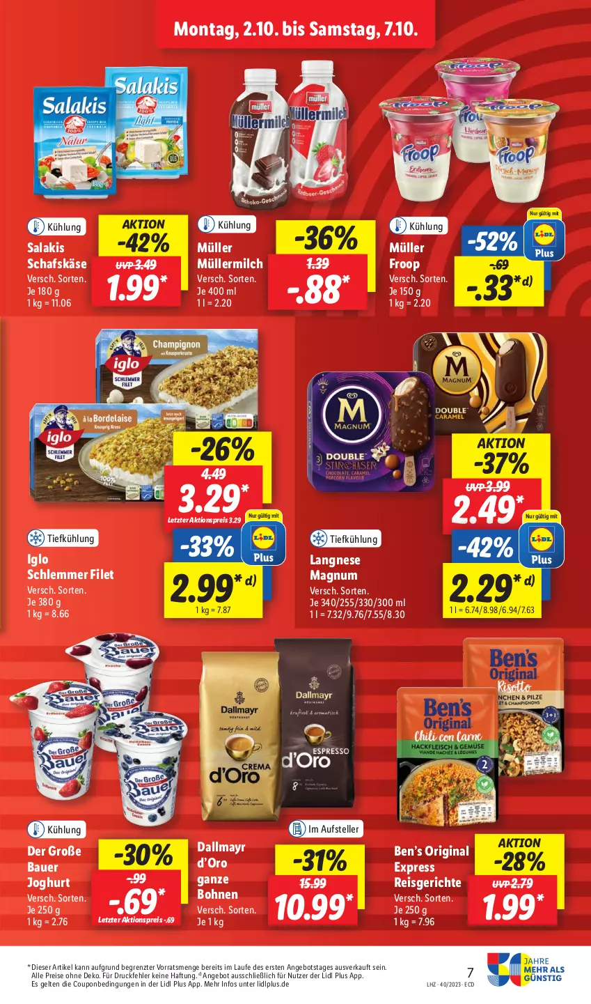 Aktueller Prospekt Lidl - Aktionsprospekt - von 02.10 bis 07.10.2023 - strona 9 - produkty: aktionspreis, angebot, angebote, auer, Bau, Bauer, beko, Ben’s Original, bohne, bohnen, coupon, dallmayr, decke, eis, elle, filet, froop, gin, iglo, joghur, joghurt, Käse, langnese, magnum, milch, Müller, müller froop, müllermilch, reis, salakis, schafskäse, teller, Ti, ZTE