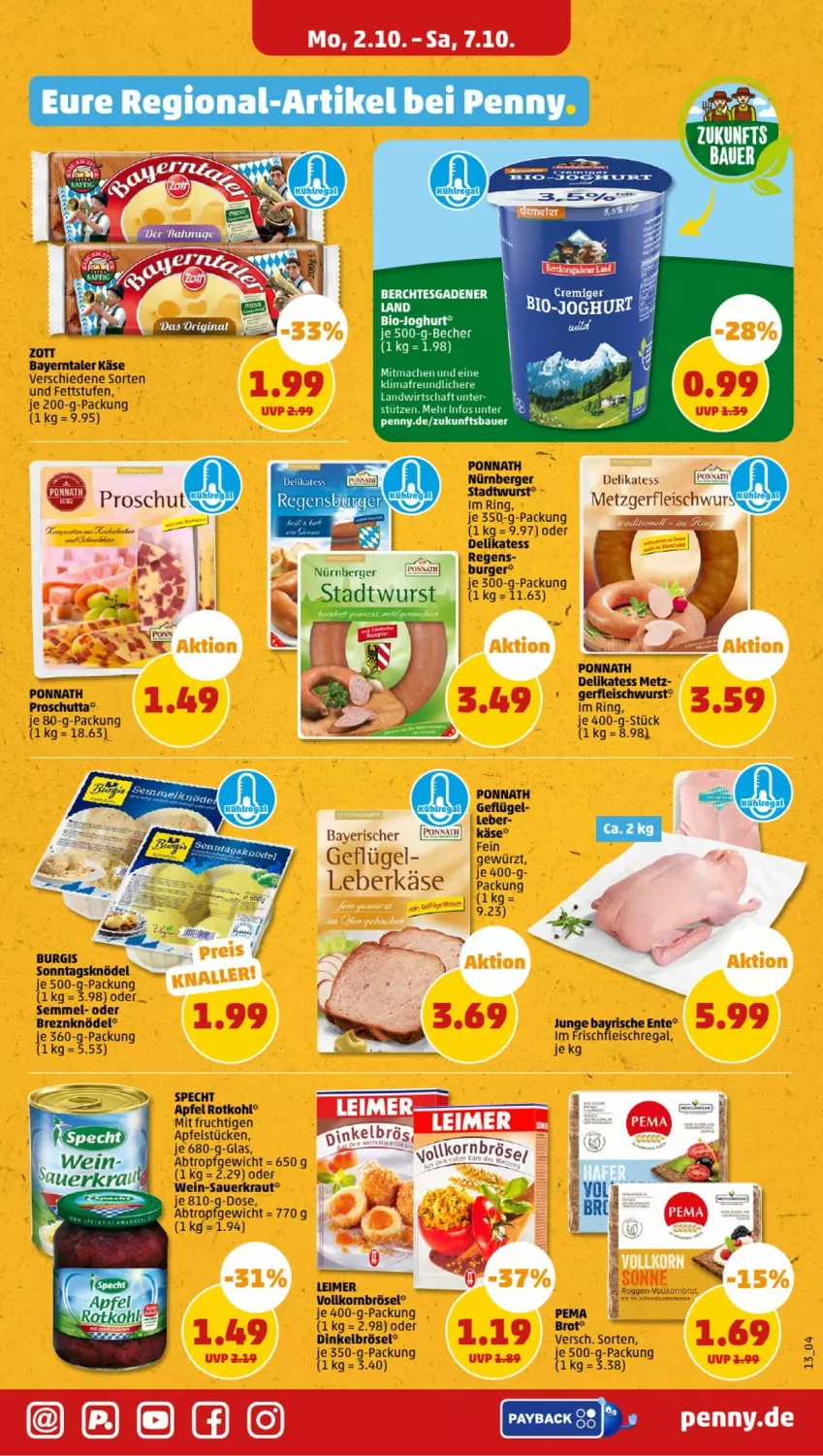 Aktueller Prospekt Penny - Prospekte - von 02.10 bis 07.10.2023 - strona 13 - produkty: apfel, auer, Becher, bio, bio-joghurt, brot, burger, eimer, eis, fleisch, frucht, Geflügel, gewürz, joghur, joghurt, Käse, Knödel, korn, Kraut, leberkäs, leberkäse, leimer, mac, mit frucht, regal, ring, rotkohl, Sauerkraut, specht, Ti, wein