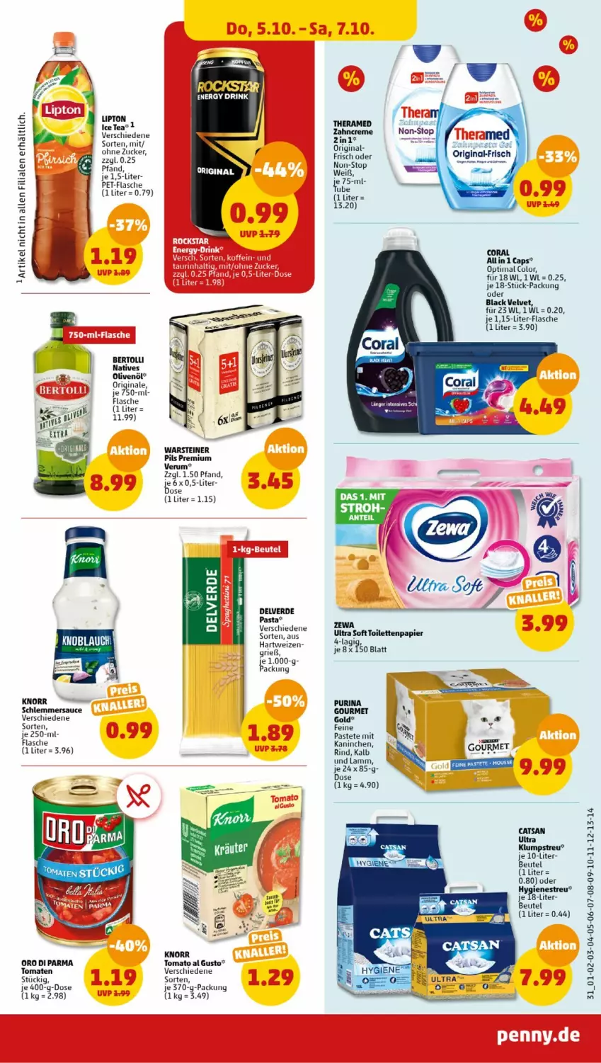 Aktueller Prospekt Penny - Prospekte - von 02.10 bis 07.10.2023 - strona 33 - produkty: bertolli, beutel, Cap, catsan, Coral, creme, dip, drink, energy drink, erde, flasche, gin, hartweizen, klumpstreu, knorr, lack, lamm, lipton, mousse, natives olivenöl, olive, oliven, olivenöl, papier, pasta, pet-flasche, pils, purina, rind, rum, sauce, schlemmersauce, steiner, theramed, Ti, toilettenpapier, tomate, tomaten, tomato al gusto, velvet, warsteiner, zahncreme, zewa, zucker