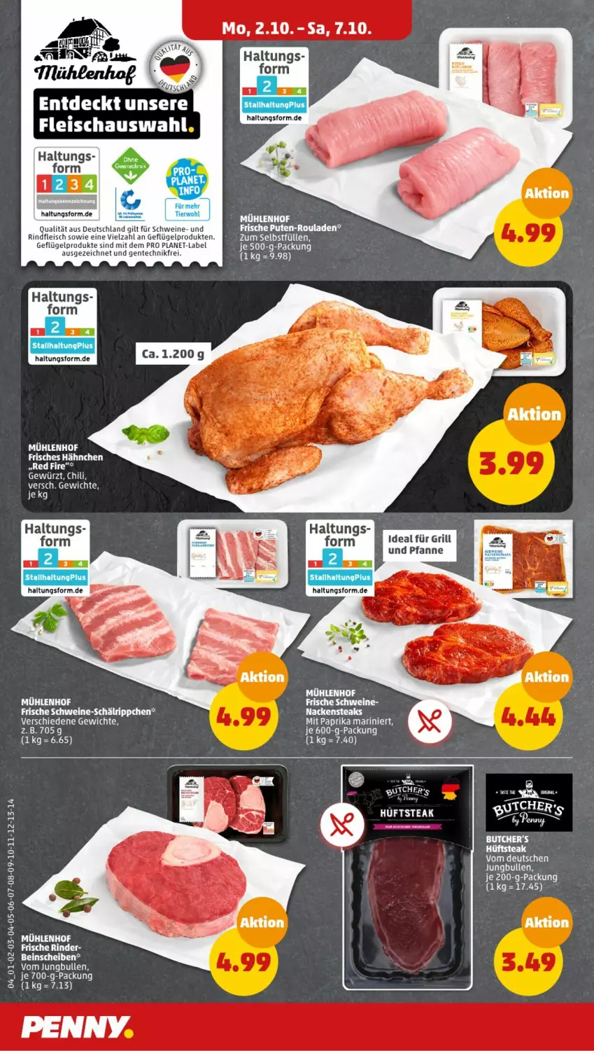 Aktueller Prospekt Penny - Prospekte - von 02.10 bis 07.10.2023 - strona 4 - produkty: eis, ente, fleisch, Geflügel, geflügelprodukte sind mit dem, hüftsteak, jungbullen, K2, LG, mit paprika, Nackensteak, nackensteaks, paprika, pfanne, pute, rind, rinder, rindfleisch, rouladen, schwein, schweine, steak, steaks, und pfanne, wein, weine