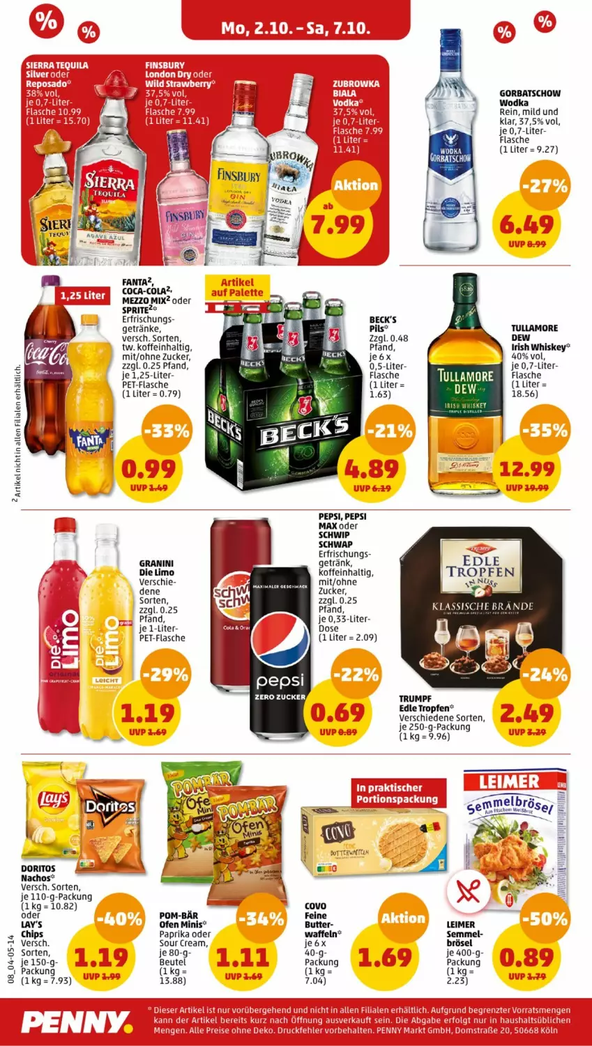 Aktueller Prospekt Penny - Prospekte - von 02.10 bis 07.10.2023 - strona 8 - produkty: beutel, butter, chips, coca-cola, cola, Doritos, eimer, fanta, flasche, getränk, getränke, Gorbatschow, gorbatschow wodka, granini, granini die limo, irish whiskey, je 250-g-packung, lay's, leimer, limo, mac, Mezzo Mix, nacho, Nachos, oder sprite, Ofen, paprika, pepsi, pet-flasche, pom-bär, rum, Schwip Schwap, Semmel, sour cream, sprite, Ti, tullamore, tullamore dew, waffeln, whiskey, wodka, zucker