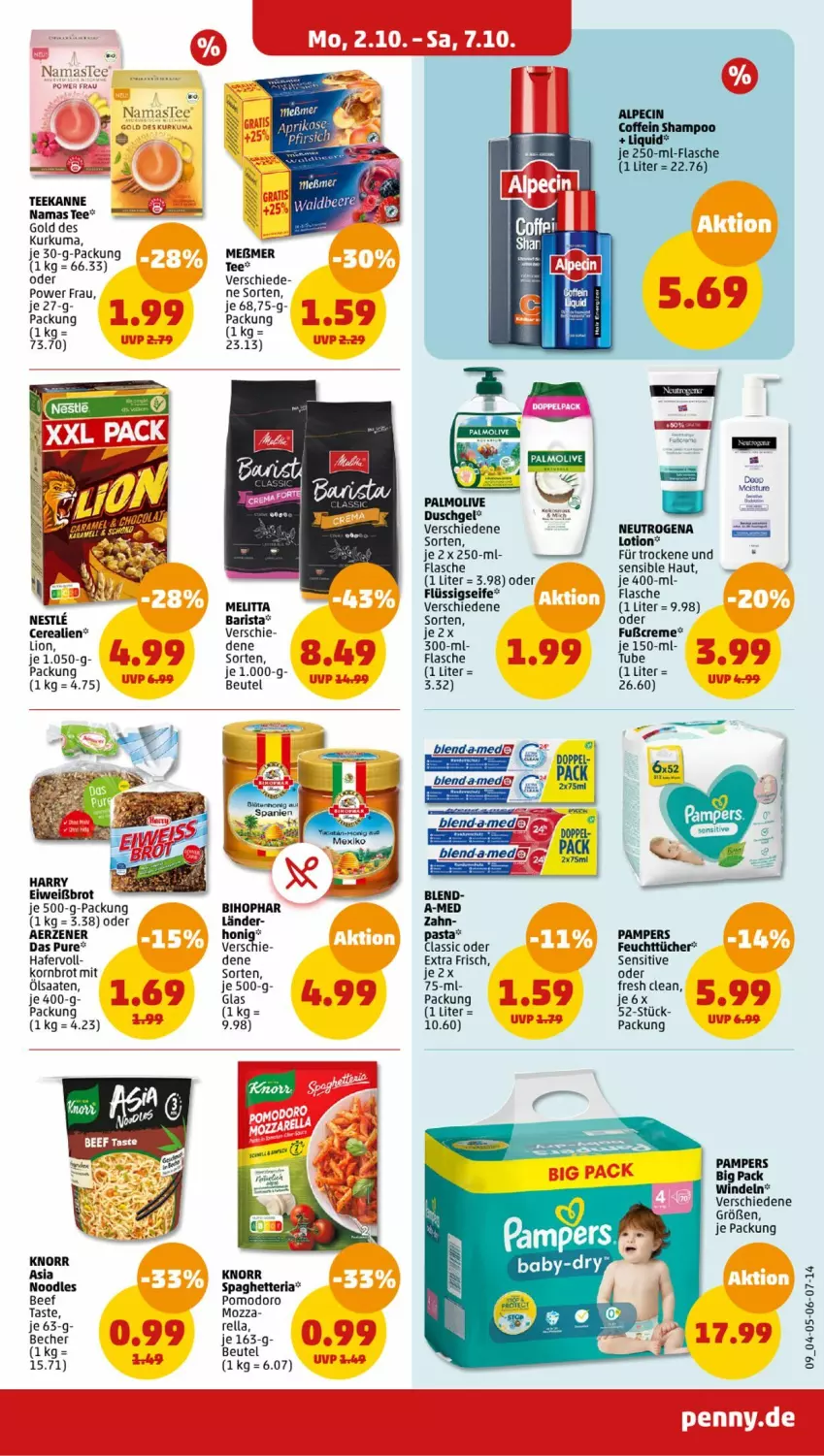 Aktueller Prospekt Penny - Prospekte - von 02.10 bis 07.10.2023 - strona 9 - produkty: alpecin, aprikose, Becher, beef, bett, beutel, bihophar, brot, cerealien, cin, coffein, creme, duschgel, Eiweißbrot, feuchttücher, flasche, flüssigseife, hafer, honig, knorr, korn, Kornbrot, lion, Lotion, Meßmer, miele, neutrogena, olive, palmolive, pampers, rel, Ria, Seife, shampoo, tee, teekanne, Ti, tücher, windeln