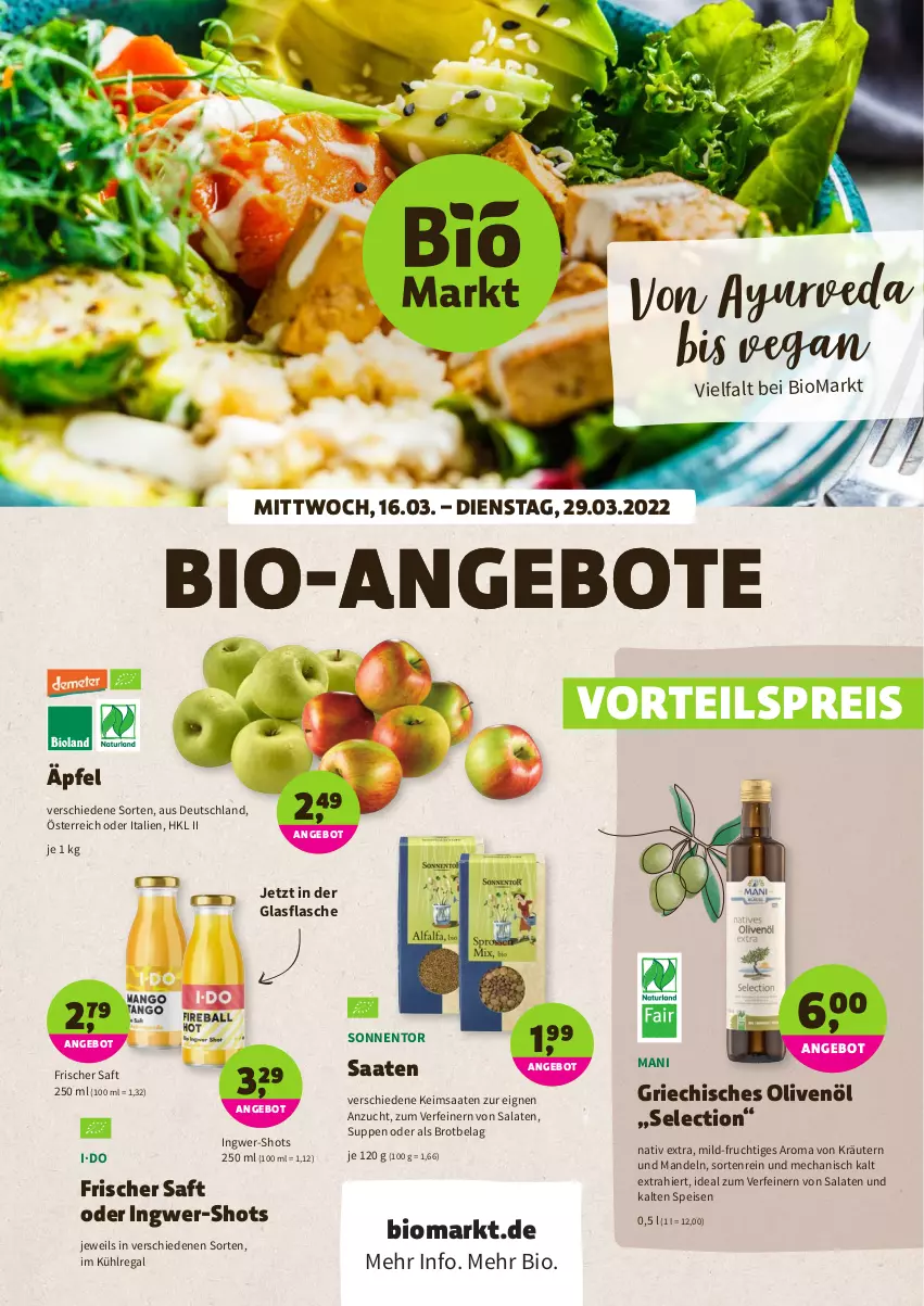 Aktueller Prospekt Denns Biomarkt - Prospekte - von 16.03 bis 29.03.2022 - strona 1 - produkty: angebot, angebote, bio, brot, eis, flasche, frucht, glasflasche, ingwer, kräuter, kräutern, kühlregal, mandel, mandeln, olive, oliven, olivenöl, regal, reis, saft, salat, salate, suppe, suppen, Ti, vorteilspreis