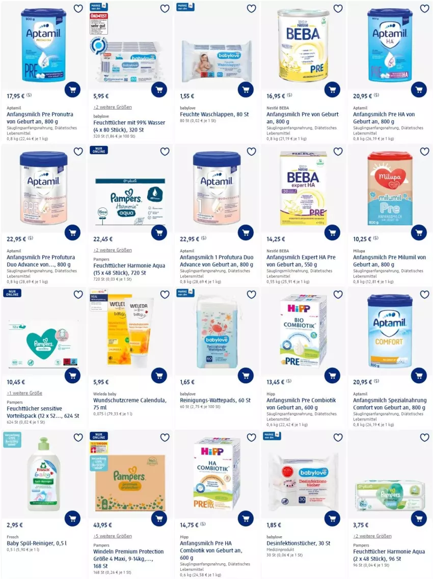 Aktueller Prospekt Dm Drogerie - Prospekte - von 21.07 bis 27.07.2022 - strona 8 - produkty: aqua, Babylove, Beba, bier, bio, Calendula, creme, Desinfektion, feuchttücher, hipp, lebensmittel, milch, milupa, pampers, reiniger, Reinigung, Schutzcreme, Spezi, Ti, tisch, tücher, waschlappen, wasser, wattepads, weleda, windeln