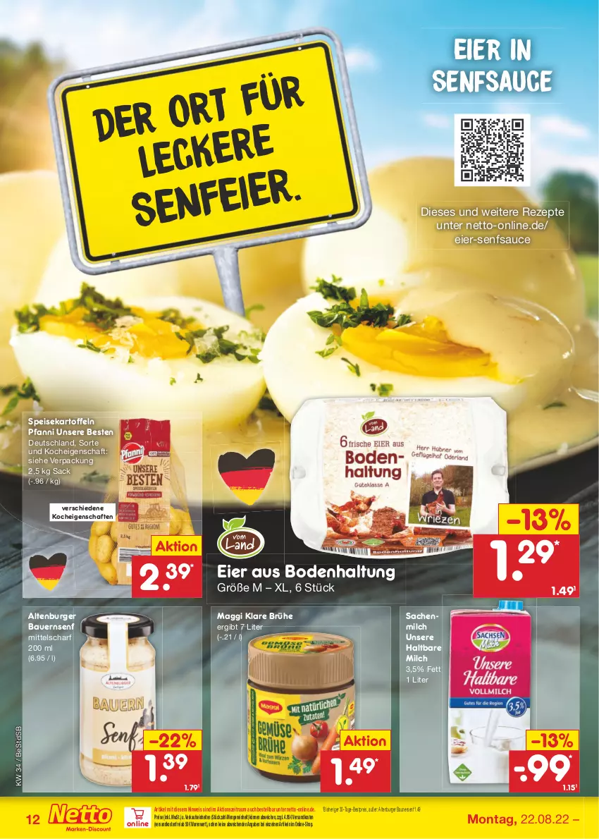 Aktueller Prospekt Netto Marken-Discount - Filial-Angebote - von 22.08 bis 27.08.2022 - strona 12 - produkty: altenburger, auer, Bau, Bauer, bestpreis, Brühe, burger, eier, eis, haltbare milch, kartoffel, kartoffeln, maggi, milch, ndk, pfanni, reis, rezept, rezepte, sac, sauce, senf, speisekartoffeln, Ti, usb, versandkostenfrei