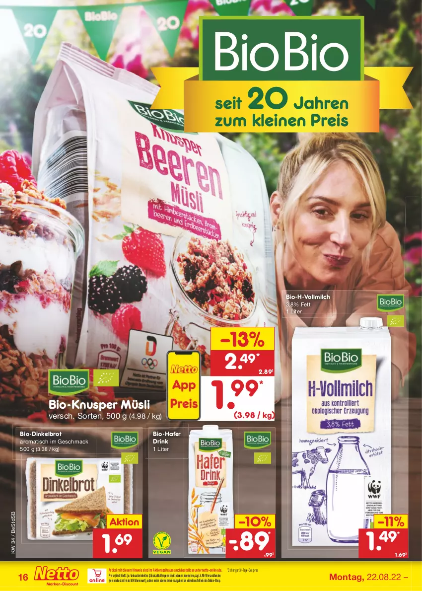 Aktueller Prospekt Netto Marken-Discount - Filial-Angebote - von 22.08 bis 27.08.2022 - strona 16 - produkty: bestpreis, bio, brot, Dinkelbrot, drink, eis, hafer, mac, milch, müsli, ndk, reis, Ti, tisch, versandkostenfrei, vollmilch