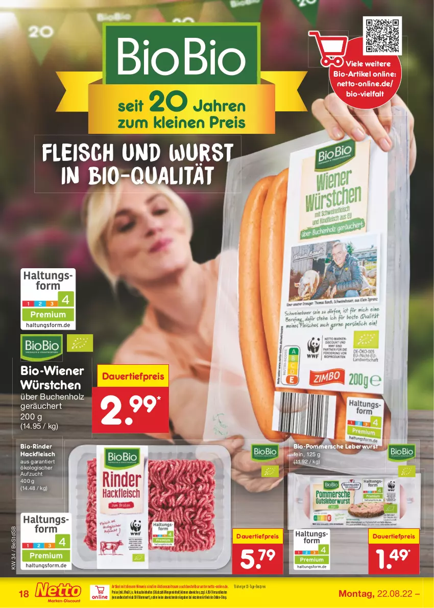 Aktueller Prospekt Netto Marken-Discount - Filial-Angebote - von 22.08 bis 27.08.2022 - strona 18 - produkty: auer, bestpreis, bio, buch, dauertiefpreis, eis, fleisch, hackfleisch, Holz, leberwurst, ndk, Pommersche, reis, rind, rinder, Ti, tiefpreis, versandkostenfrei, wiener, wiener würstchen, wurst, würstchen