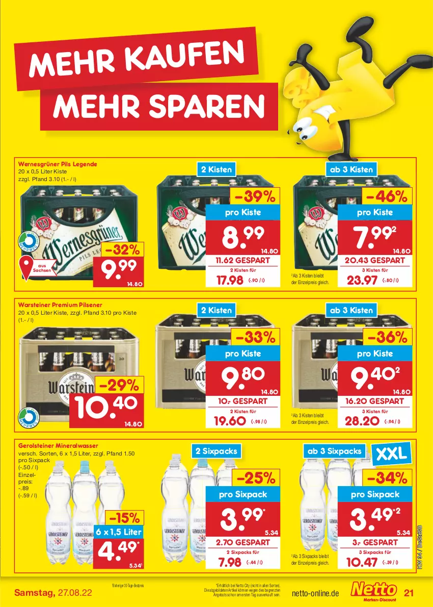 Aktueller Prospekt Netto Marken-Discount - Filial-Angebote - von 22.08 bis 27.08.2022 - strona 21 - produkty: Alwa, angebot, bestpreis, eis, gerolsteine, gerolsteiner, mineralwasser, pils, pilsener, premium pils, reis, sac, steiner, Ti, warsteiner, wasser, ZTE