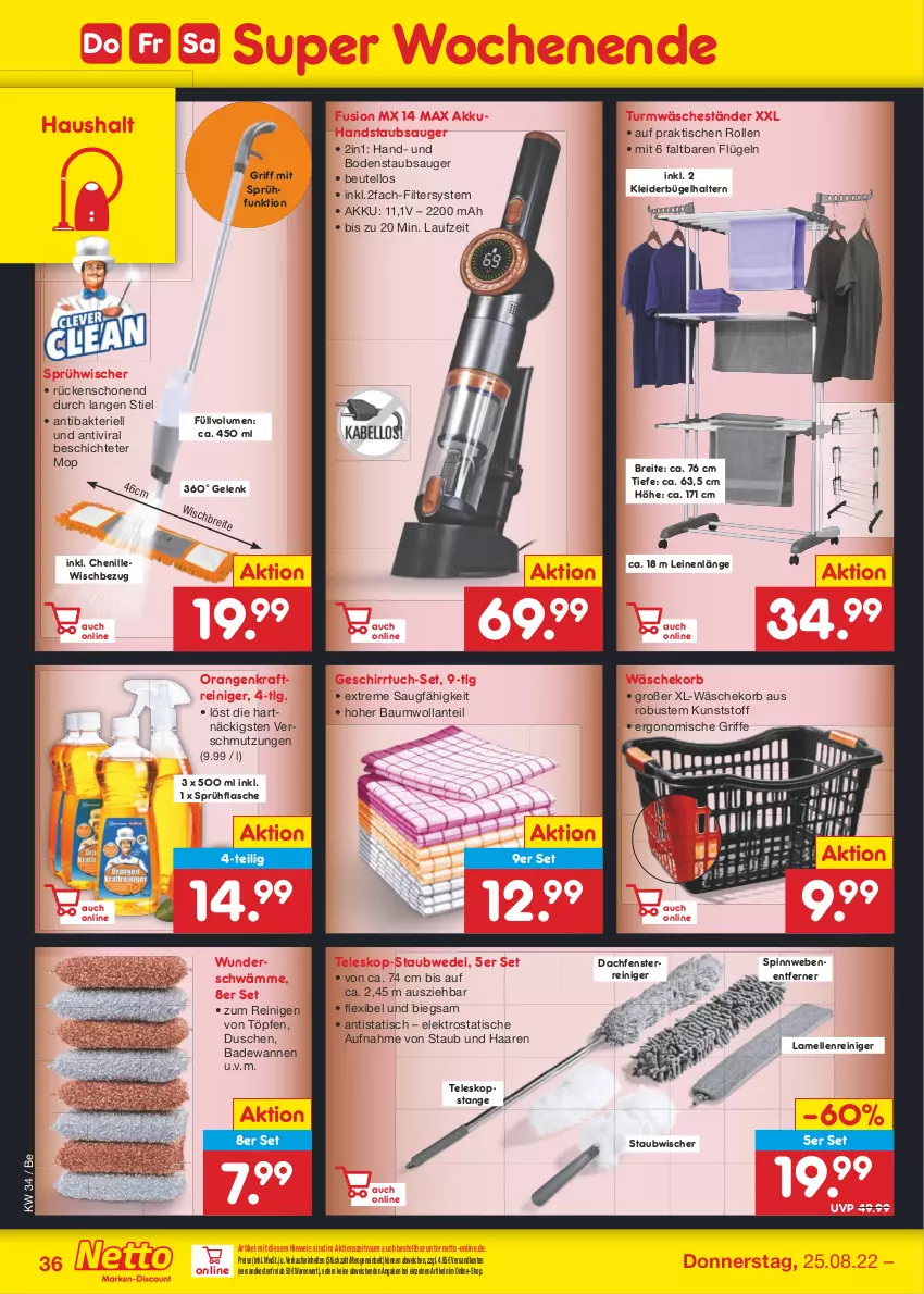 Aktueller Prospekt Netto Marken-Discount - Filial-Angebote - von 22.08 bis 27.08.2022 - strona 36 - produkty: akku, Bad, Badewanne, Bau, beutel, bodenstaubsauger, Brei, bügel, dusche, eis, Elektro, elle, fenster, flasche, geschirr, geschirrtuch, handstaubsauger, kleid, kleider, kleiderbügel, korb, kraft, leine, LG, ndk, orange, orangen, reiniger, reis, sprühflasche, staubsauger, staubwedel, Teleskop, Ti, tisch, tuc, versandkostenfrei, Wanne, wäschekorb, wedel