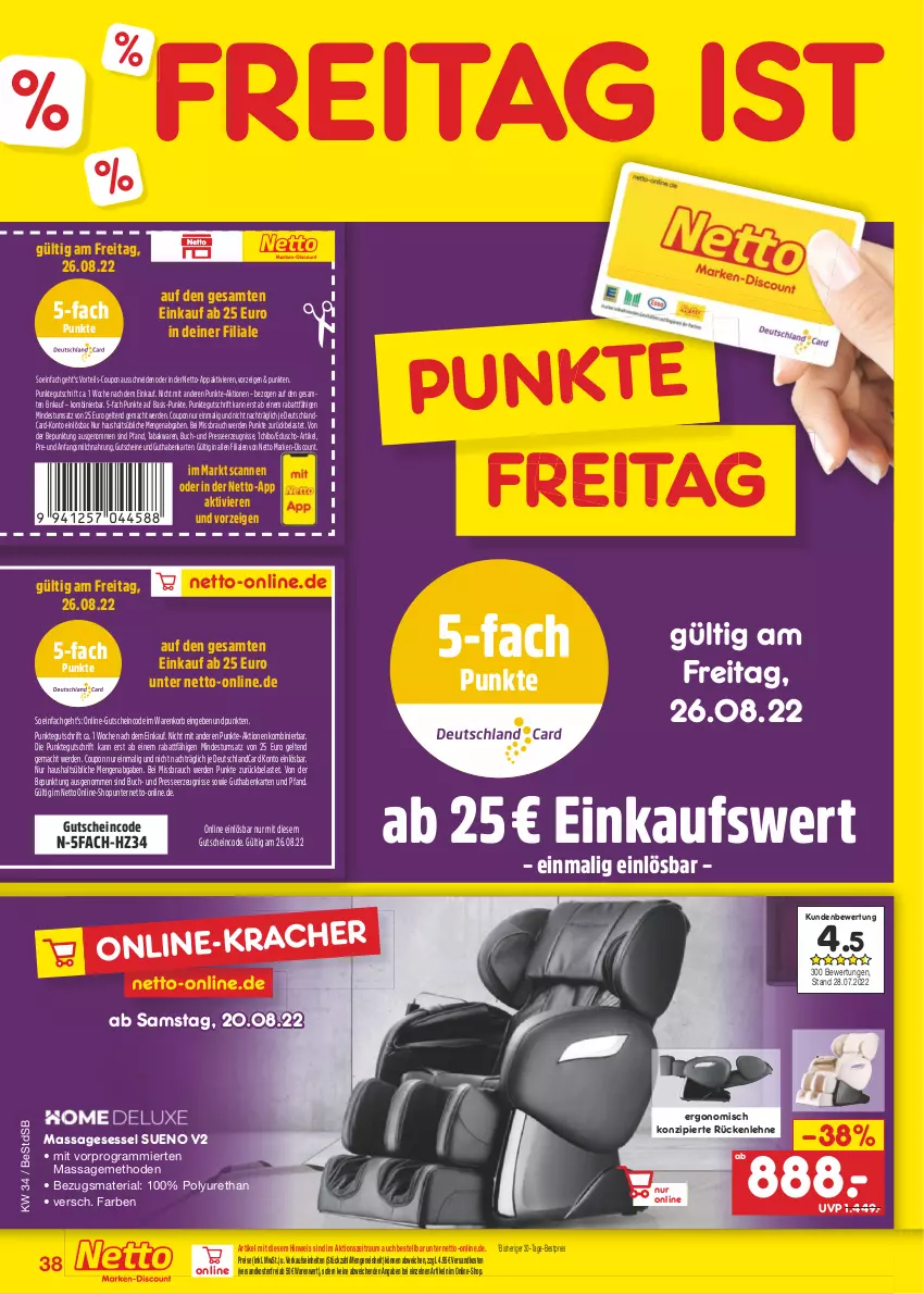 Aktueller Prospekt Netto Marken-Discount - Filial-Angebote - von 22.08 bis 27.08.2022 - strona 38 - produkty: bestpreis, buch, coupon, deutschlandcard, discount, eduscho, eis, erde, guthabenkarte, gutschein, gutscheine, korb, mac, marken-discount, milch, ndk, Rauch, reis, Ria, rückenlehne, sessel, Tchibo, Ti, versandkostenfrei