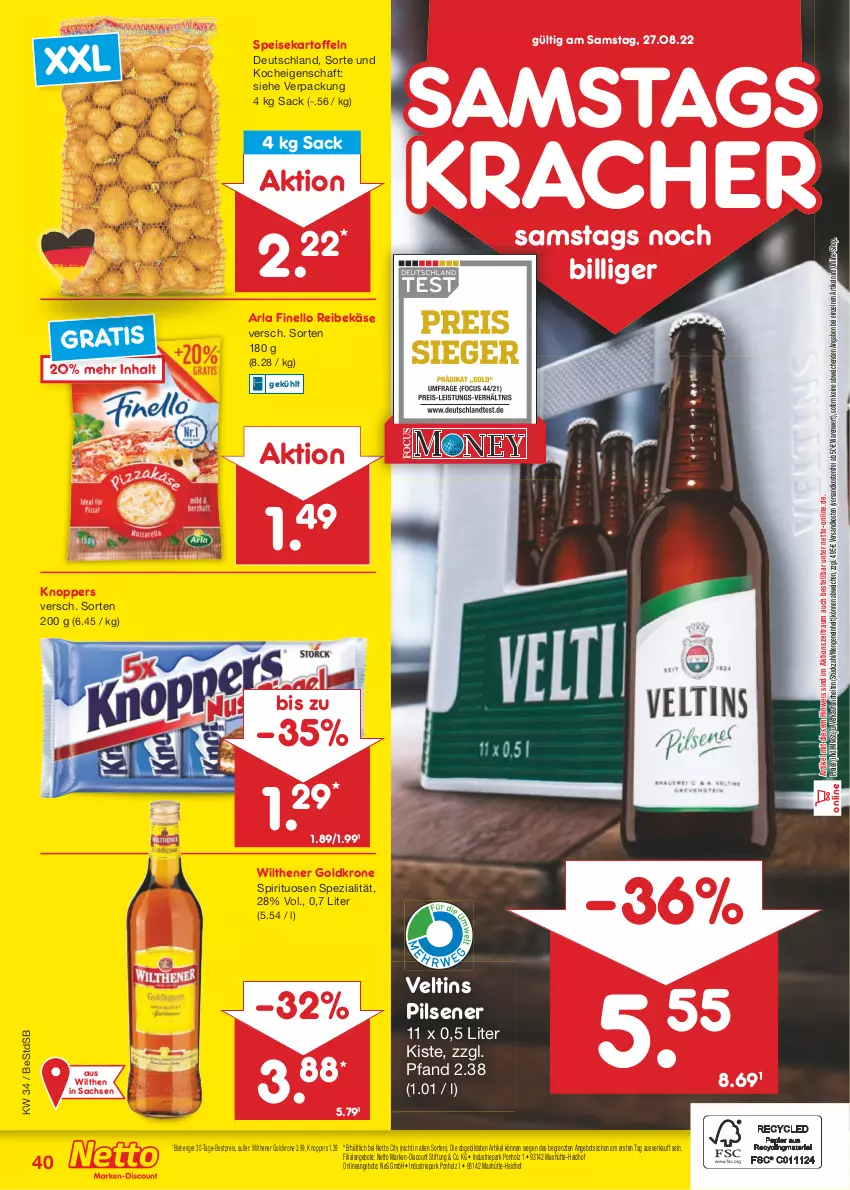 Aktueller Prospekt Netto Marken-Discount - Filial-Angebote - von 22.08 bis 27.08.2022 - strona 40 - produkty: angebot, angebote, arla, bestpreis, discount, eis, finello, goldkrone, Holz, kartoffel, kartoffeln, Käse, knoppers, kracher, krone, marken-discount, ndk, pils, pilsener, Reibekäse, reis, sac, speisekartoffeln, Spezi, spirituosen, Ti, veltins, veltins pilsener, versandkostenfrei, wilthener, Wilthener Goldkrone, ZTE