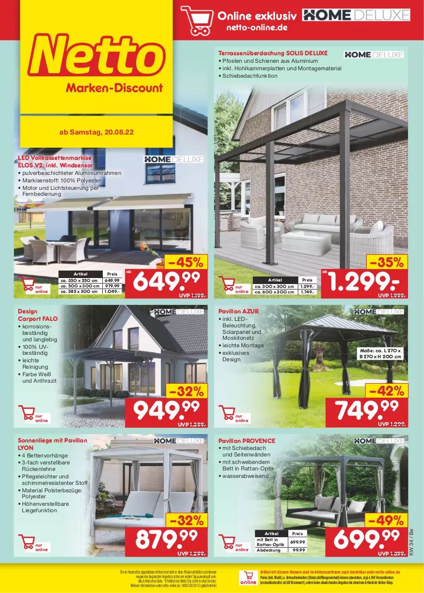 Aktueller Prospekt Netto Marken-Discount - Filial-Angebote - von 22.08 bis 27.08.2022 - strona 41 - produkty: angebot, beleuchtung, bett, Betten, Carport, eis, ente, fernbedienung, gefu, Hohlkammerplatte, latte, Liege, moskitonetz, ndk, pavillon, Reinigung, reis, Ria, rückenlehne, sonnenliege, Terrassenüberdachung, Ti, versandkostenfrei, wasser, Yo, ZTE