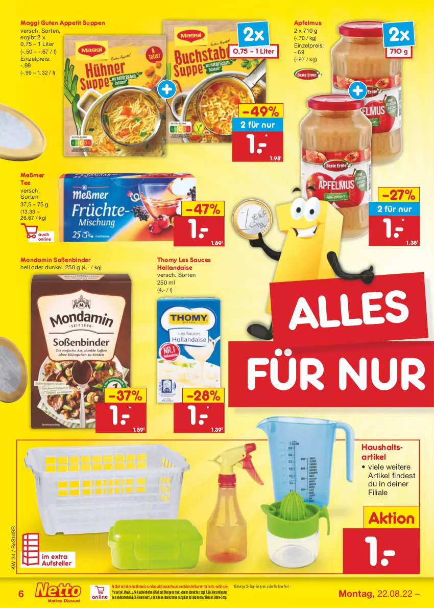 Aktueller Prospekt Netto Marken-Discount - Filial-Angebote - von 22.08 bis 27.08.2022 - strona 6 - produkty: apfel, apfelmus, bestpreis, eis, elle, hollandaise, maggi, Meßmer, mondamin, ndk, reis, sauce, Soße, suppe, suppen, tee, teller, thomy, thomy les sauces, Ti, versandkostenfrei