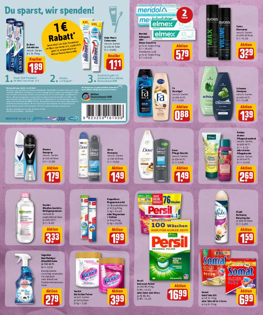 Aktueller Prospekt Rewe - Prospekte - von 30.05 bis 04.06.2022 - strona 16 - produkty: auto, Bad, bio, biozidprodukte, brause, Brausetabletten, bürste, coupon, coupons, creme, deo, deospray, doppelherz, dove, Duftspray, dusche, duschgel, eis, elle, elmex, erde, fa duschgel, garnier, gin, Glade, gsw, haarspray, kneipp, magnesium, magnesium 400, meridol, mizellen, Odol, odol med, oxi action, pasta, persil, pflegedusche, Rauch, Reinigung, reis, rel, rexona, ring, rwe, schauma, schauma shampoo, schaumbad, sensodyne, shampoo, somat, syoss, tablet, tablett, Tablette, Ti, tisch, universal pulver, vanish, vanish oxi action, wasser, Yo, zahnbürste, zahncreme, zahnpasta