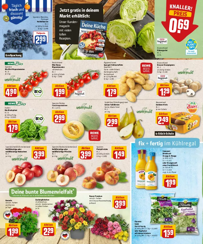 Aktueller Prospekt Rewe - Prospekte - von 30.05 bis 04.06.2022 - strona 2 - produkty: beere, beeren, beutel, bio, Birnen, blattspinat, blume, blumen, braun, calibrachoa, champignon, champignons, direktsaft, discount, eis, eisbergsalat, Elan, fleisch, florette, frucht, fruchtfleisch, Frühkartoffeln, geranie, heidelbeere, heidelbeeren, Innocent, kartoffel, kartoffeln, kiwi, kopfsalat, kräuter, kräutern, kühlregal, magazin, mango, melone, Nektar, nektarinen, orange, orangen, orangensaft, pfirsich, pfirsiche, pflanze, pflanzen, plattpfirsiche, regal, reis, rezept, rezepte, rispentomaten, rosen, saft, salat, Schal, Schale, spargel, spinat, tafelbirnen, Ti, tiefpreis, tomate, tomaten, topf, zauberglöckchen