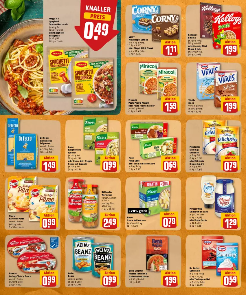 Aktueller Prospekt Rewe - Prospekte - von 30.05 bis 04.06.2022 - strona 22 - produkty: beanz, Ben’s Original, beutel, böklunder, bolognese, braten, Brei, broccoli, corny, creme, De Cecco, Dr. Oetker, ecco, eis, elle, filet, filets, gin, hawesta, heinz, hering, Herings, heringsfilets, hollandaise, kartoffel, knorr, kräuter, mac, maggi, maggi fix, milch, milchreis, miracel, miracel whip, miracoli, mondamin, mozzarella, müsli, Müsliriegel, pasta, penne, pfanni, Pronto, püree, reis, rel, Ria, riegel, ring, risotto, sahne, sahnesteif, salat, salatcreme, sauce, sauce hollandaise, schoko, Smacks, Soße, spaghetti, spaghetti bolognese, teigwaren, Ti, tomate, tomaten, torte, tortenguss, veggie, vita, vitalis, vitalis müsli, würstchen, Yo