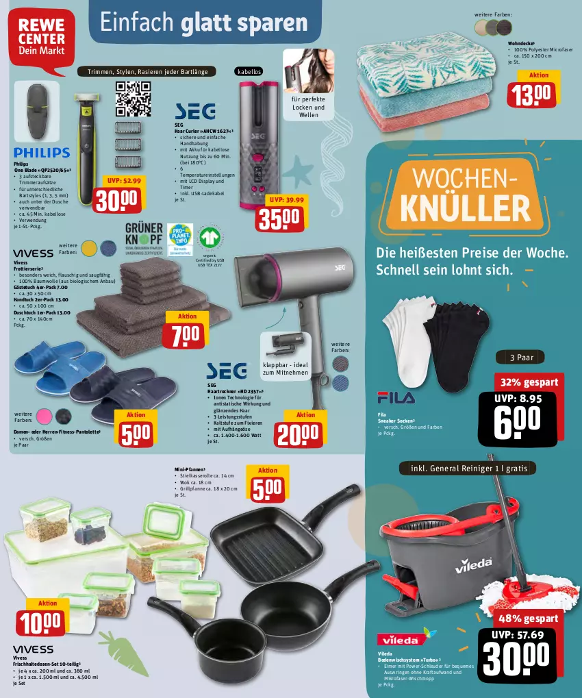 Aktueller Prospekt Rewe - Prospekte - von 30.05 bis 04.06.2022 - strona 24 - produkty: akku, Bau, baumwolle, bio, decke, deka, dusche, duschtuch, eimer, eis, elle, frischhaltedosen, gästetuch, grill, Grillpfanne, haartrockner, handtuch, kraft, ladekabel, mikrofaser, pantolette, pfanne, pfannen, Philips, reiniger, reis, ring, rwe, sneaker, sneaker socken, socken, stielkasserolle, Ti, timer, tisch, Trockner, tuc, usb, vileda, Wischmopp, wok, wolle