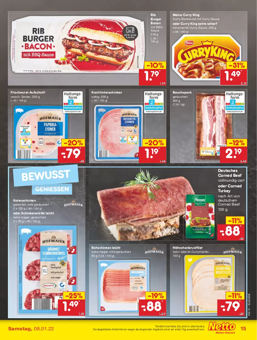 Aktueller Prospekt Netto Marken-Discount - Filial Angebote - von 03.01 bis 08.01.2022 - strona 15 - produkty: angebot, aufschnitt, bacon, Bau, beef, bockwurst, brustfilet, burger, corned beef, curry, filet, frischwurst-aufschnitt, hähnchenbrust, hähnchenbrustfilet, hinterschinken, katenschinken, Mantel, meica, natur, rohschinken, saft, sauce, schinken, Speck, Ti, würfel, wurst, ZTE