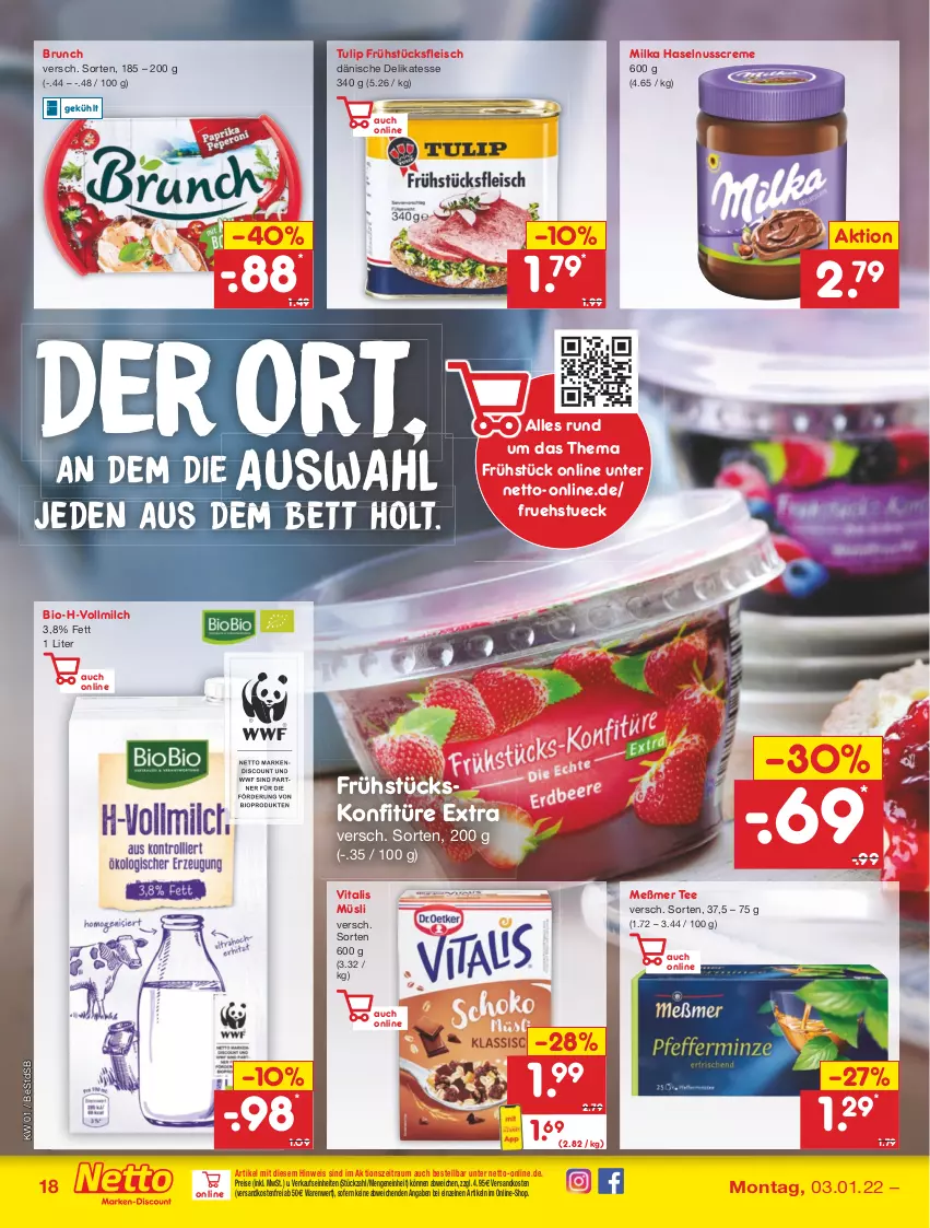 Aktueller Prospekt Netto Marken-Discount - Filial Angebote - von 03.01 bis 08.01.2022 - strona 18 - produkty: bett, bio, creme, discount, eis, fleisch, frühstücksfleisch, haselnuss, Haselnusscreme, konfitüre, konfitüre extra, Meßmer, milch, milka, müsli, ndk, nuss, reis, tee, Ti, tulip, versandkostenfrei, vita, vitalis, vitalis müsli, vollmilch