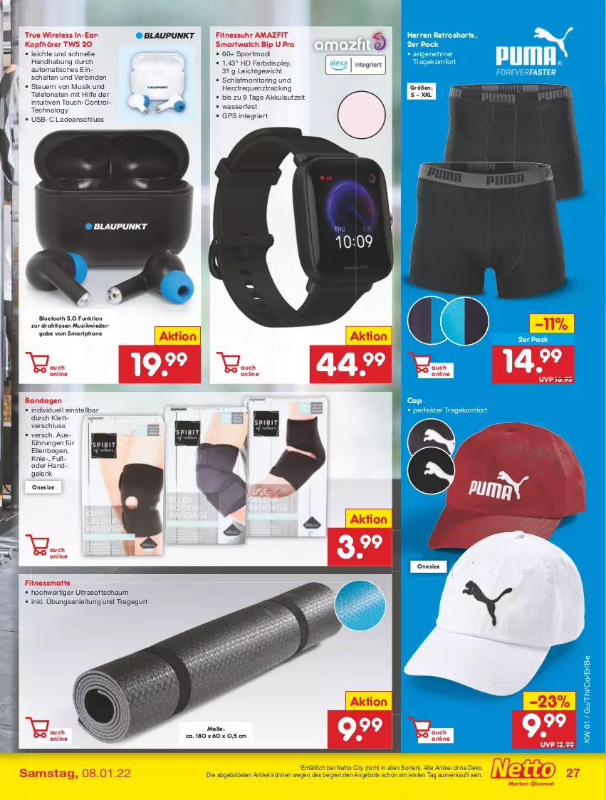 Aktueller Prospekt Netto Marken-Discount - Filial Angebote - von 03.01 bis 08.01.2022 - strona 27 - produkty: akku, angebot, auto, binden, Cap, Draht, elle, GPS, kopfhörer, monitor, rel, retroshorts, ring, Schal, shorts, smartphone, smartwatch, Sport, telefon, Ti, tisch, uhr, usb, wasser, ZTE