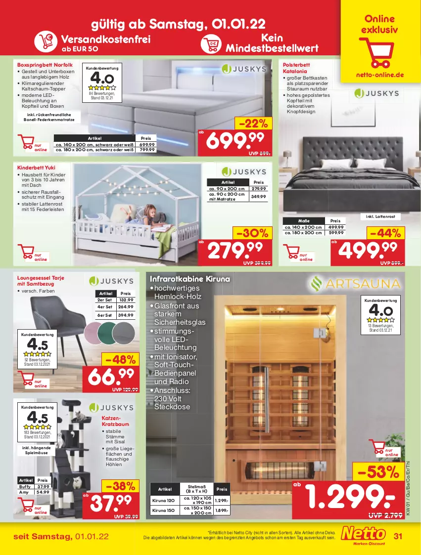 Aktueller Prospekt Netto Marken-Discount - Filial Angebote - von 03.01 bis 08.01.2022 - strona 31 - produkty: angebot, Bau, beleuchtung, bett, bettkasten, boxspringbett, eis, federkern, federkernmatratze, Holz, kernmatratze, Kinder, Kinderbett, Kratzbaum, latte, lattenrost, Liege, loungesessel, matratze, Mode, ndk, polsterbett, Radio, reis, ring, sessel, steckdose, Ti, topper, usb, versandkostenfrei, ZTE