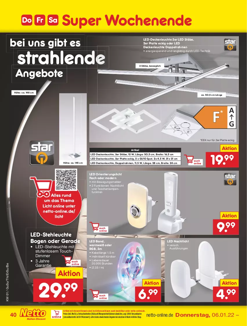 Aktueller Prospekt Netto Marken-Discount - Filial Angebote - von 03.01 bis 08.01.2022 - strona 40 - produkty: angebot, angebote, auer, Brei, decke, deckenleuchte, dimmer, eis, Lampe, latte, LED Deckenleuchte, led-deckenleuchte, led-stehleuchte, Leuchte, Mode, Nachtlicht, ndk, reis, stehleuchte, Tasche, taschen, taschenlampe, Ti, usb, versandkostenfrei