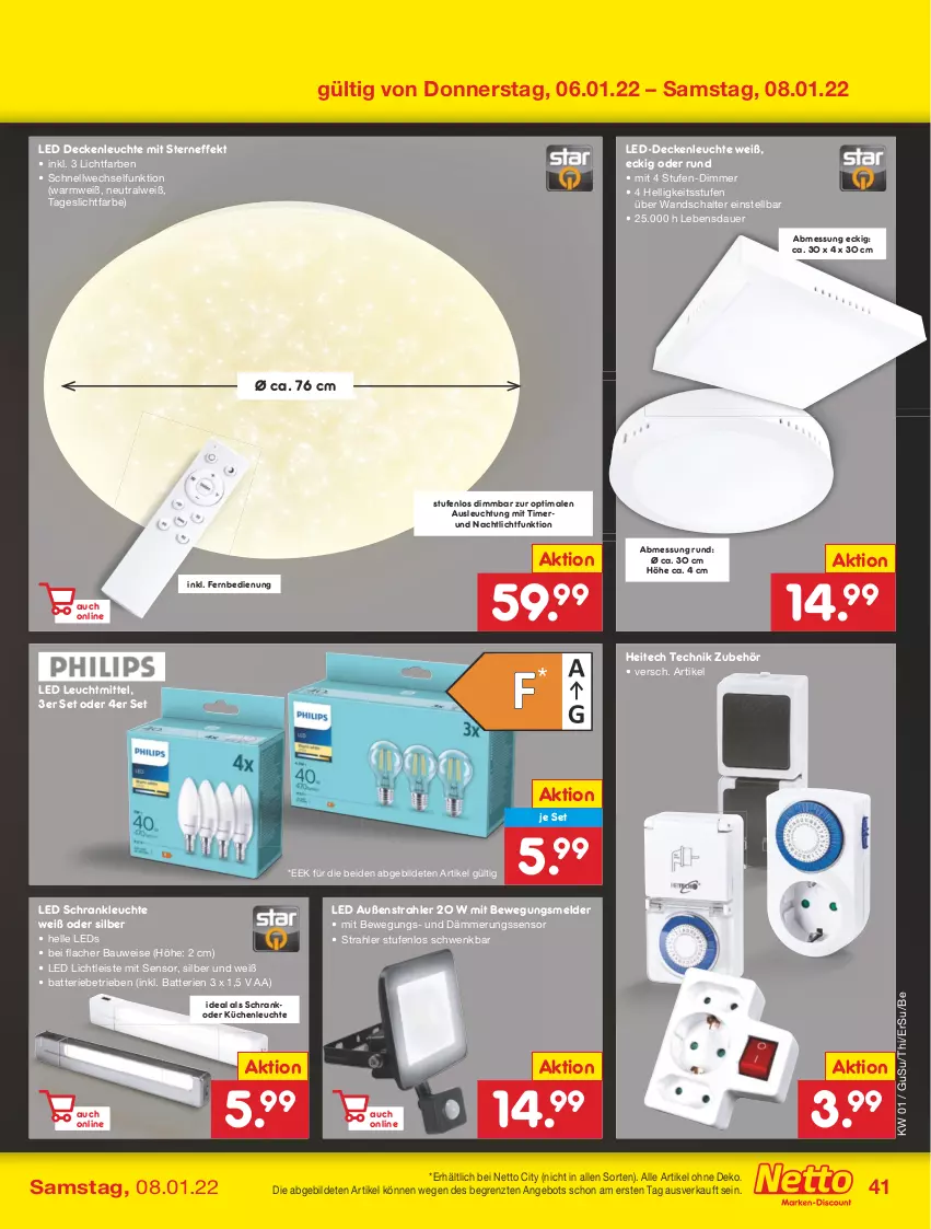 Aktueller Prospekt Netto Marken-Discount - Filial Angebote - von 03.01 bis 08.01.2022 - strona 41 - produkty: angebot, auer, batterie, batterien, Bau, decke, deckenleuchte, dimmer, eis, elle, fernbedienung, küche, Küchen, LED Deckenleuchte, led-deckenleuchte, leds, Leuchte, leuchtmittel, Nachtlicht, Schal, Schrank, Ti, timer, usb, ZTE