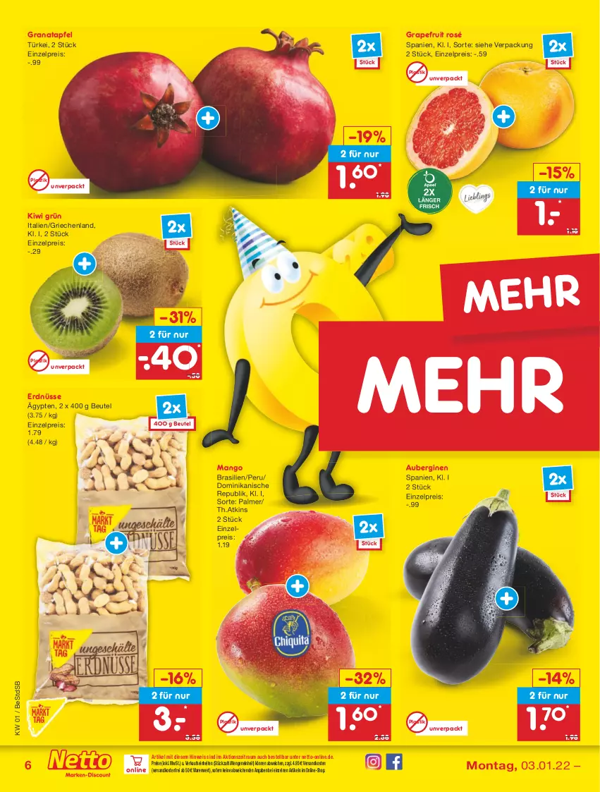 Aktueller Prospekt Netto Marken-Discount - Filial Angebote - von 03.01 bis 08.01.2022 - strona 6 - produkty: apfel, asti, aubergine, auberginen, beutel, eis, erdnüsse, gin, grana, granatapfel, grapefruit, kiwi, mango, ndk, Rana, reis, Ti, versandkostenfrei