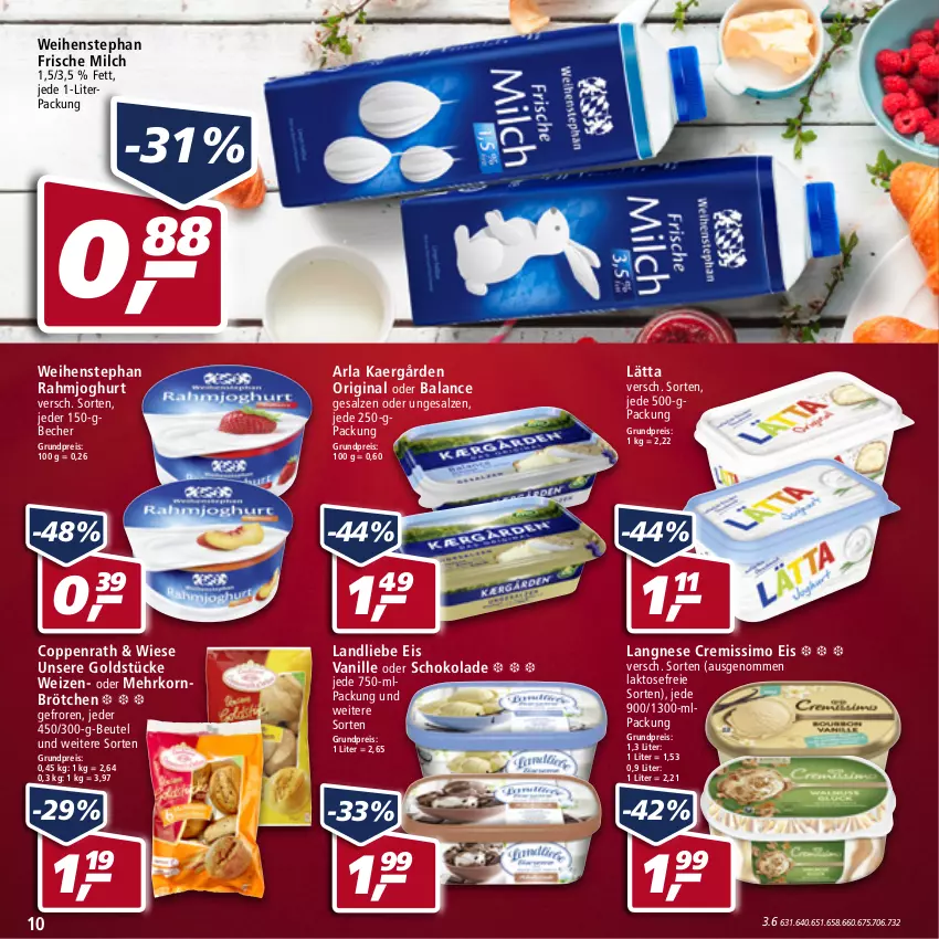 Aktueller Prospekt Real - von 14.03 bis 19.03.2022 - strona 10 - produkty: arla, Becher, beutel, brötchen, coppenrath, cremissimo, eis, frische milch, gin, Goldstücke, joghur, joghurt, korn, landliebe, langnese, langnese cremissimo, lätta, mehrkornbrötchen, milch, rahmjoghurt, reis, salz, schoko, schokolade, sim, vanille, weihenstephan