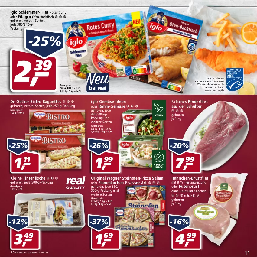 Aktueller Prospekt Real - von 14.03 bis 19.03.2022 - strona 11 - produkty: backfisch, baguette, baguettes, Bistro Baguette, brustfilet, curry, Dr. Oetker, eis, elsässer art, filegro, filet, fisch, fische, Fischer, flammkuchen, gin, hähnchen-brustfilet, iglo, kuchen, lamm, leine, Ofen, ofen-backfisch, original wagner, pizza, pute, putenbrust, rahm-gemüse, reis, rind, rinder, rinderfilet, salami, Schere, schlemmer-filet, steinofen, Ti, wagner