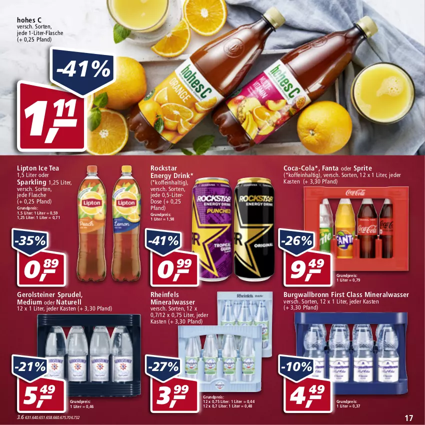 Aktueller Prospekt Real - von 14.03 bis 19.03.2022 - strona 17 - produkty: Alwa, burgwallbronn, coca-cola, cola, drink, eis, energy drink, fanta, fanta oder, fanta oder sprite, flasche, gerolsteine, gerolsteiner, Hohes C, ice tea, lipton, lipton ice tea, mineralwasser, natur, oder sprite, reis, rel, Rockstar, sprite, Sprudel, steiner, Ti, wasser