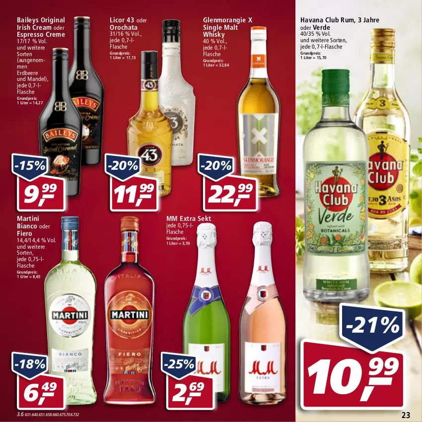 Aktueller Prospekt Real - von 14.03 bis 19.03.2022 - strona 23 - produkty: baileys, beere, creme, eis, erdbeere, erde, espresso, flasche, gin, Havana Club, irish cream, licor, licor 43, mandel, martini, mm extra, oder espresso, Orochata, reis, rum, sekt, single malt, Ti, whisky