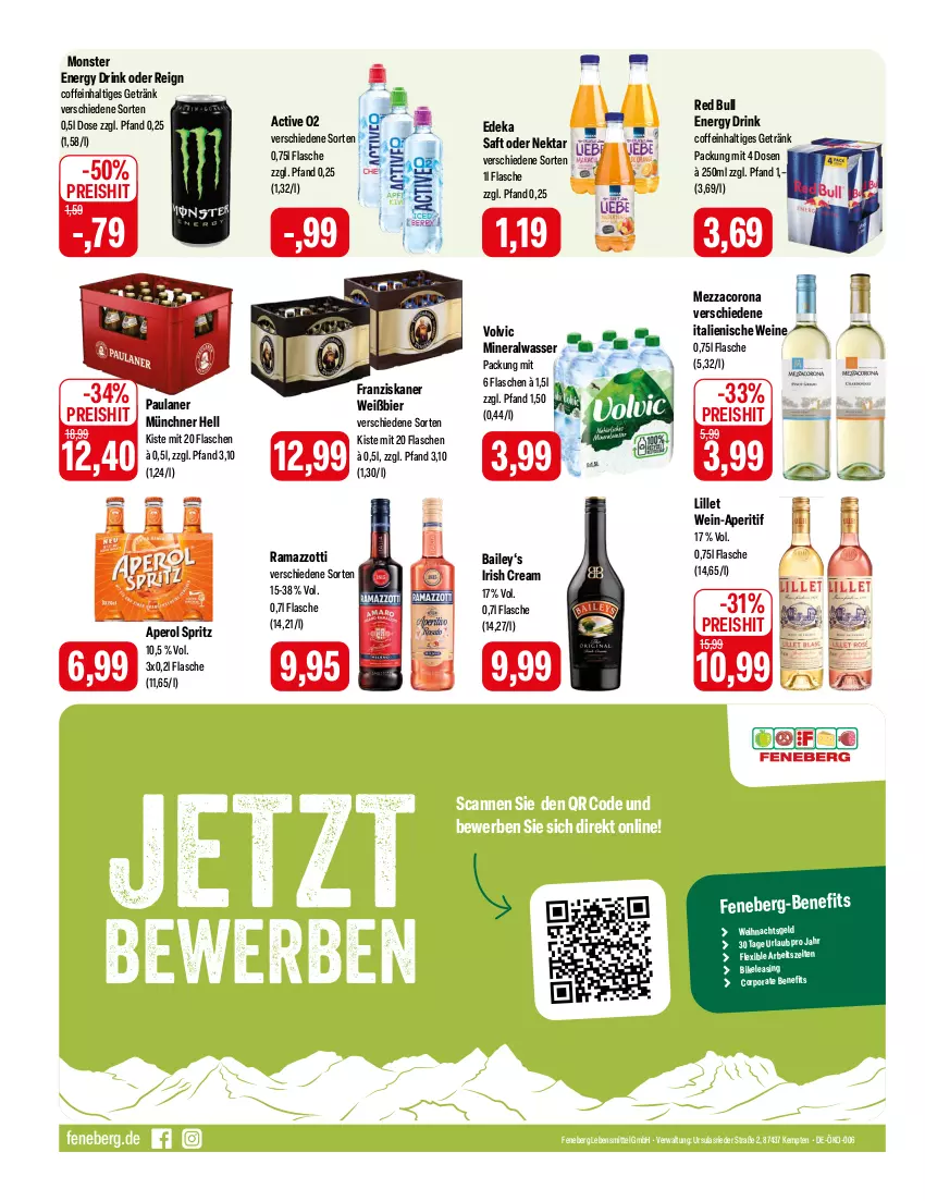 Aktueller Prospekt Feneberg - Prospekte - von 15.02 bis 17.02.2024 - strona 12 - produkty: Alwa, aperitif, aperol, bier, coffein, corona, deka, drink, eis, energy drink, flasche, franziskaner, getränk, irish cream, lebensmittel, lillet, mezzacorona, mineralwasser, monster, Monster Energy, Nektar, Paula, paulaner, rama, ramazzott, ramazzotti, red bull, reis, saft, Ti, volvic, wasser, wein, weine, zott