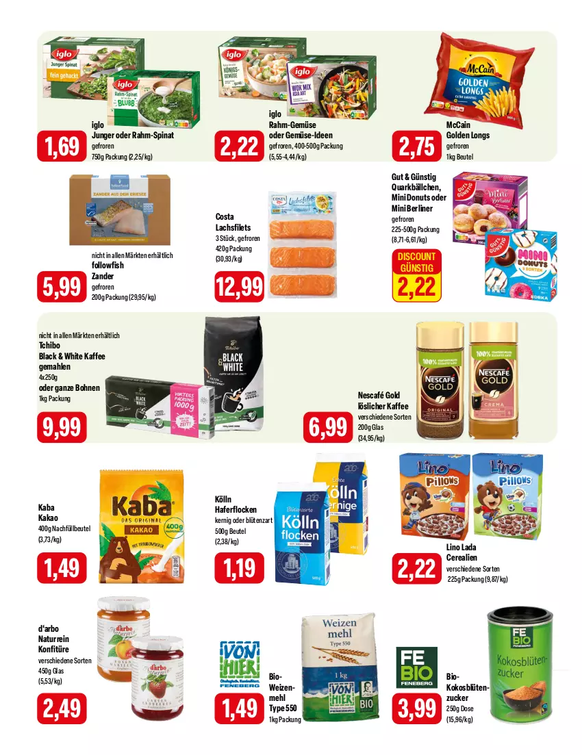 Aktueller Prospekt Feneberg - Prospekte - von 15.02 bis 17.02.2024 - strona 8 - produkty: berliner, beutel, bio, Blüte, bohne, bohnen, cerealien, discount, Donut, donuts, filet, filets, followfish, Golden Longs, hafer, haferflocken, iglo, kaffee, kakao, kokos, kölln, konfitüre, lachs, lachsfilet, lachsfilets, lack, löslicher kaffee, mccain, mehl, natur, Nescafé, nescafé gold, quark, rahm-gemüse, rahm-spinat, spinat, Tchibo, Ti, weizenmehl, Zander, zucker