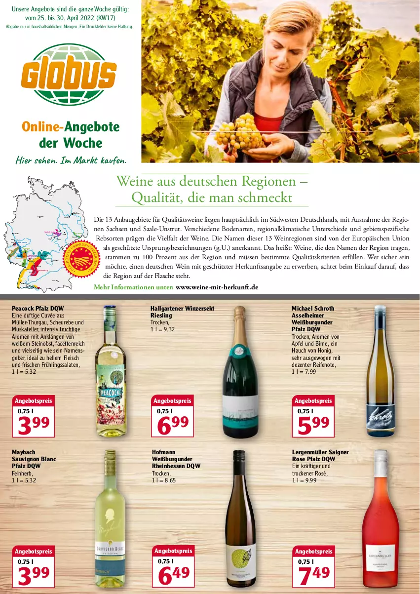 Aktueller Prospekt Globus - Prospekte - von 25.04 bis 30.04.2022 - strona 1 - produkty: aigner, angebot, angebote, angebotspreis, apfel, Bad, Bau, burgunder, cuvée, eimer, eis, elle, ente, fisch, fische, flasche, fleisch, frucht, Garten, Heu, honig, LG, Liege, maybach, Müller, Müller-Thurgau, obst, pril, qualitätswein, qualitätsweine, reifen, reis, riesling, rwe, sac, salat, salate, sauvignon, sauvignon blanc, sekt, Spezi, südwest, teller, Ti, tisch, wein, weine, Weißburgunder, Weste, ZTE