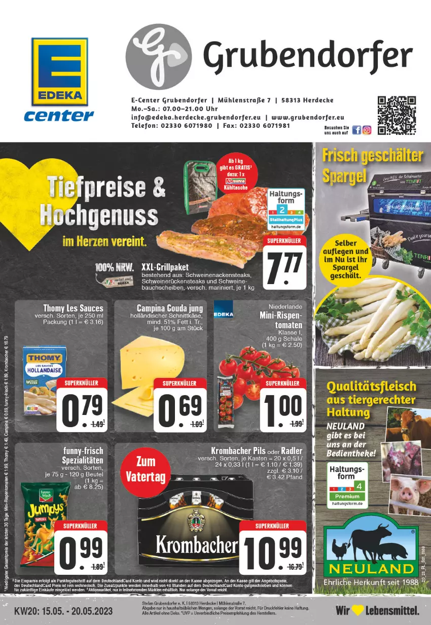 Aktueller Prospekt E Center - Angebote der Woche - von 15.05 bis 20.05.2023 - strona 1 - produkty: angebot, angebote, Bau, bauchscheiben, decke, deka, deutschlandcard, eis, elle, ente, erde, funny-frisch, gouda, gouda jung, grill, hollandaise, Kette, krombache, krombacher, krombacher pils, kühltasche, lebensmittel, LG, mini-rispentomaten, Nackensteak, nackensteaks, nuss, oder radler, pils, radler, reis, rispentomaten, Rückensteak, rückensteaks, sauce, Schal, Schale, schwein, schweine, schweinenacken, schweinerücken, Spezi, steak, steaks, Tasche, tee, telefon, teller, thomy, thomy les sauces, Ti, tomate, tomaten, uhr, wein, weine, ZTE