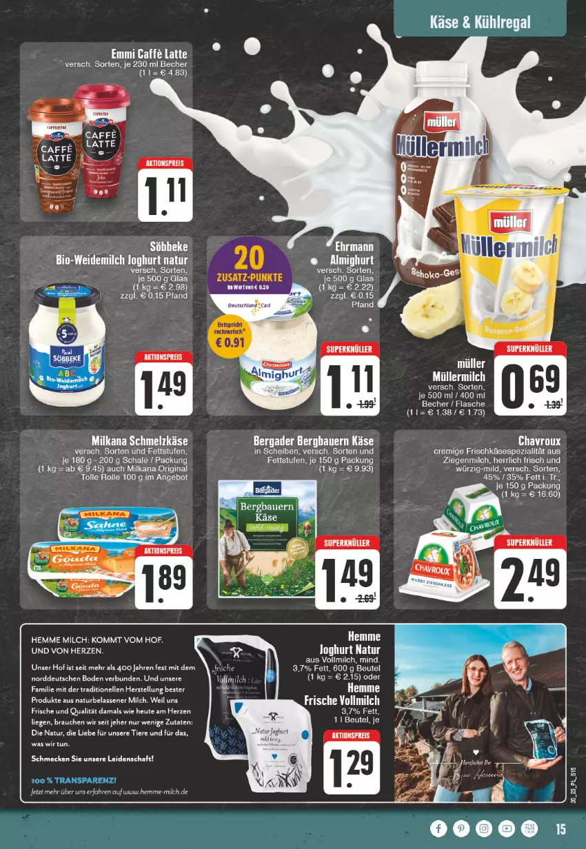 Aktueller Prospekt E Center - Angebote der Woche - von 15.05 bis 20.05.2023 - strona 15 - produkty: aktionspreis, angebot, auer, Bau, Bauer, Becher, bergader, beutel, bio, chavroux, ehrmann, eis, elle, flasche, frischkäse, gin, Heu, joghur, joghurt, Käse, kühlregal, Liege, milch, milka, milkana, Müller, müllermilch, natur, Rauch, regal, reis, Schal, Schale, Schmelzkäse, Spezi, Ti, Tiere, vollmilch, weidemilch