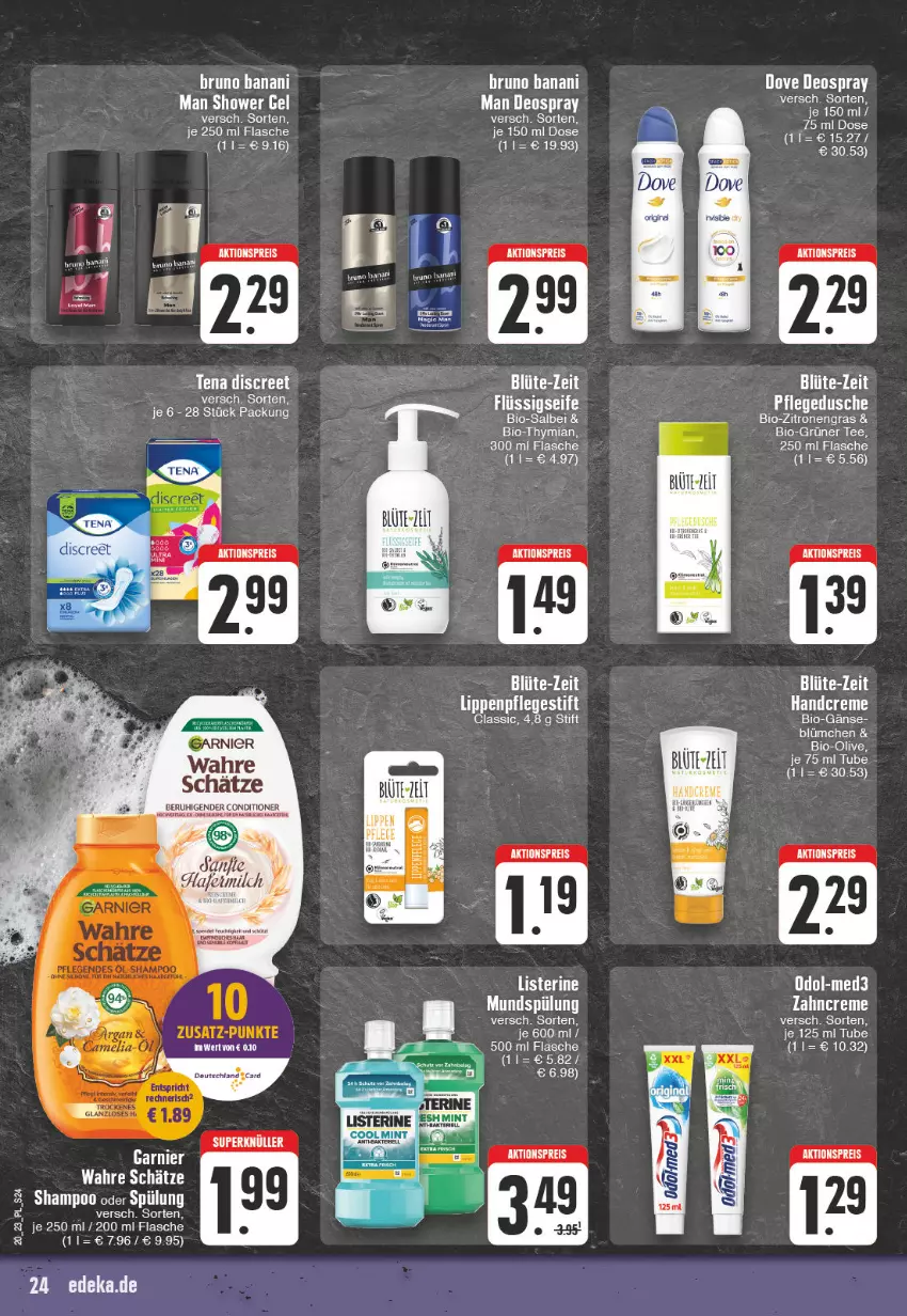 Aktueller Prospekt E Center - Angebote der Woche - von 15.05 bis 20.05.2023 - strona 24 - produkty: aktionspreis, bio, bio-zitronen, Blüte, Brei, creme, deo, deospray, dusche, eis, flasche, flüssigseife, garnier, grüner tee, handcreme, listerine, mundspülung, olive, pflegedusche, reis, rel, Seife, spülung, tee, Ti, Wahre Schätze, zahncreme, zitrone, zitronen