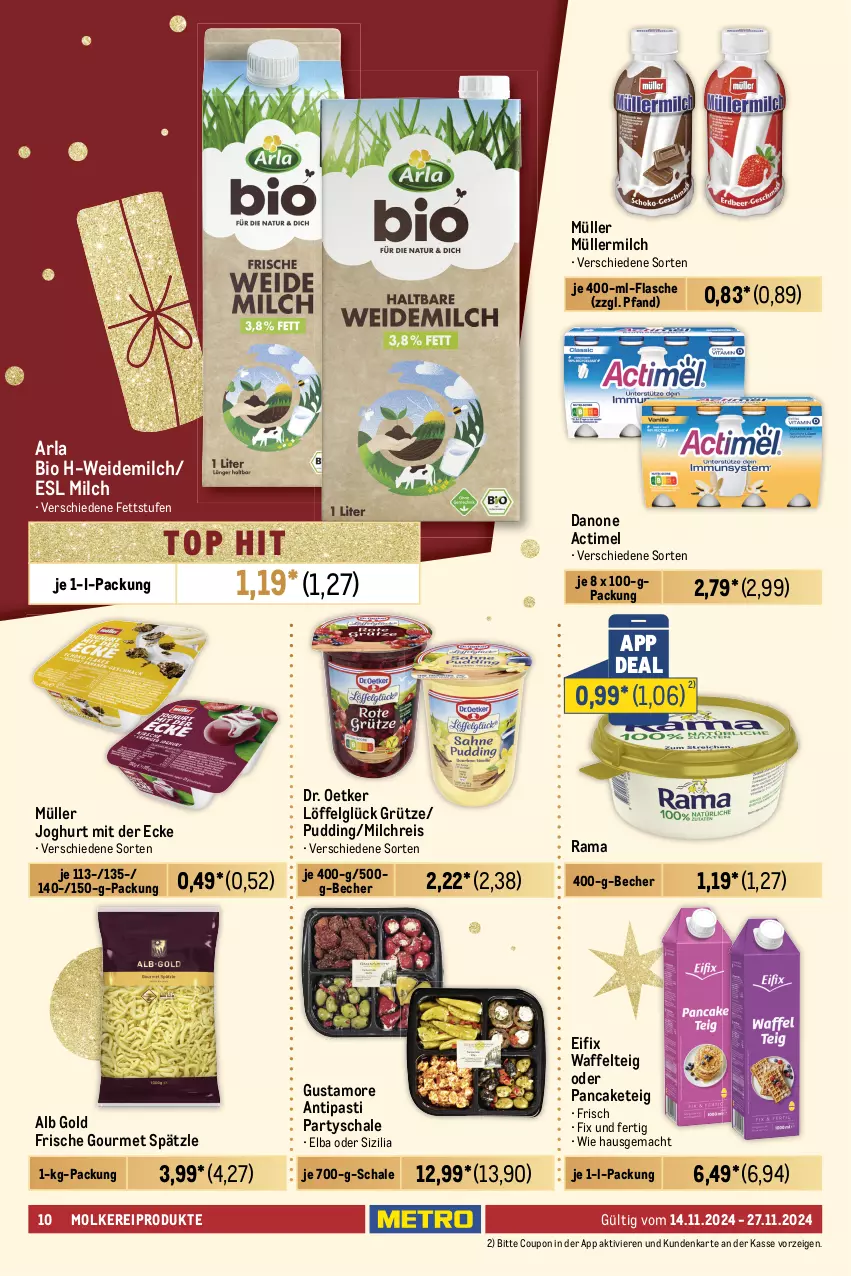 Aktueller Prospekt Metro - Food-Nonfood - von 14.11 bis 27.11.2024 - strona 10 - produkty: actimel, antipasti, arla, asti, Becher, beutel, bio, cola, coupon, creme, danone, Dr. Oetker, eis, eiscreme, elle, flasche, frankfurter, grütze, joghur, joghurt, joghurt mit der ecke, Kranz, küche, Küchen, LG, Löffel, mac, milch, milchreis, molkereiprodukte, Müller, müllermilch, nuss, petersilie, pizza, pudding, rama, reis, sahne, Schal, Schale, schnitten, sim, Ti, tiefkühlkost, weidemilch