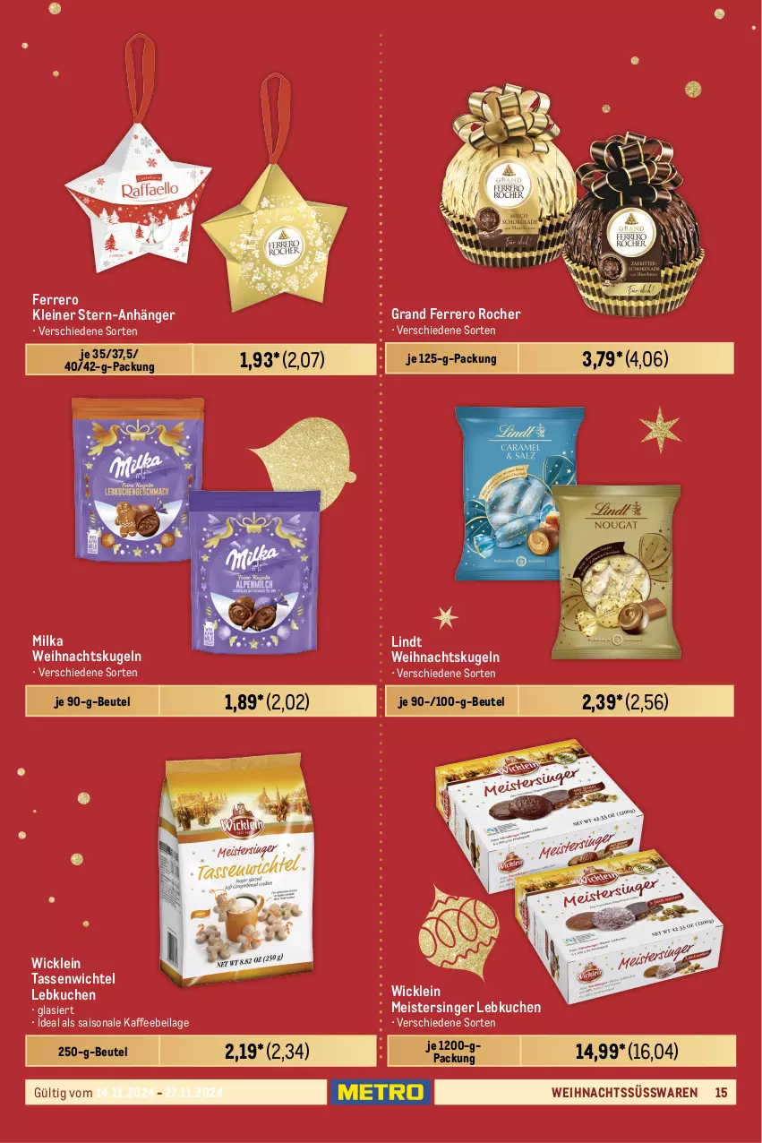 Aktueller Prospekt Metro - Food-Nonfood - von 14.11 bis 27.11.2024 - strona 15 - produkty: Anhänger, beutel, eis, ferrero, Ferrero Rocher, ilag, kaffee, kuchen, Kugel, Lebkuchen, leine, lindt, Meister, milka, Stollen, stube, süsswaren, tasse, Ti, Weihnachtsfigur, Weihnachtskugeln, Wichtel, WICK, Yo, yogurette