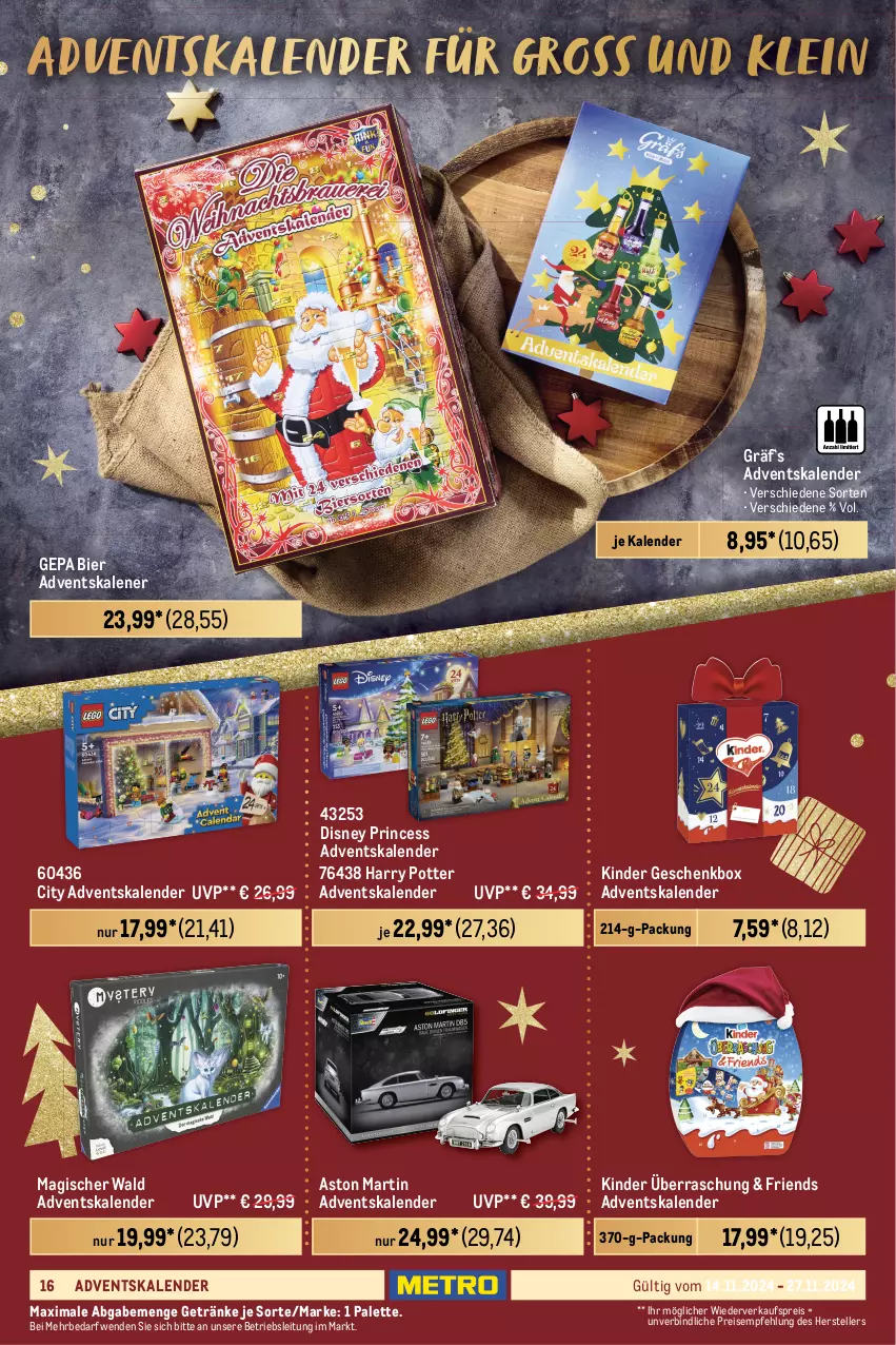 Aktueller Prospekt Metro - Food-Nonfood - von 14.11 bis 27.11.2024 - strona 16 - produkty: Adventskalender, bier, disney, eis, elle, Geschenkbox, getränk, getränke, Kinder, lindt, milka, Palette, pringles, reis, ring, teller, Ti, toblerone, weihnachten