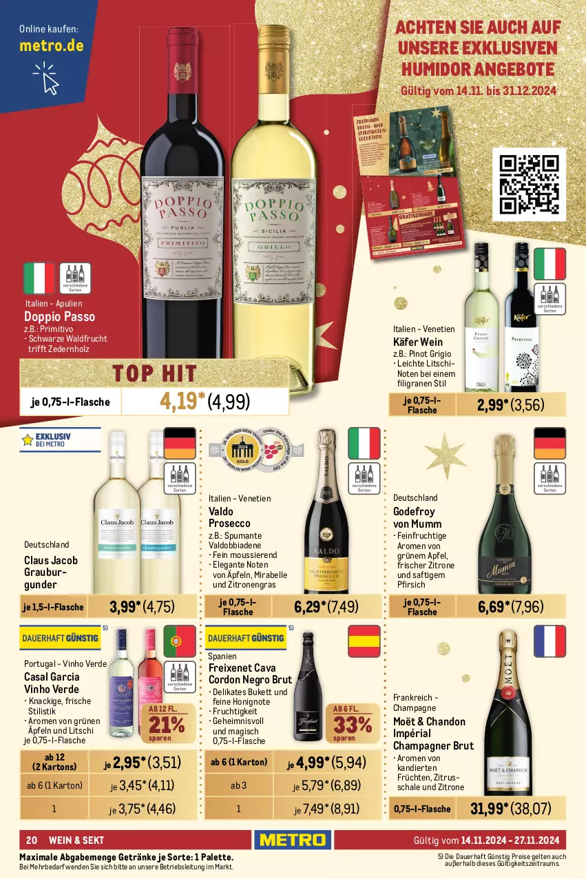 Aktueller Prospekt Metro - Food-Nonfood - von 14.11 bis 27.11.2024 - strona 20 - produkty: angebot, angebote, apfel, auer, ball, berliner, berliner luft, blended scotch, blended scotch whisky, brut, burgunder, casal garcia, Cava, champagne, champagner, coupon, doppio passo, ecco, eis, elle, erde, flasche, freixenet, frucht, früchte, früchten, getränk, getränke, grauburgunder, Holz, honig, Jagertee, käfer, likör, lillet, Metro, mumm, Palette, passo, pfeffer, pfefferminzlikör, pfirsich, Pinot, pinot grigio, primitivo, prosecco, puma, reis, Ria, rum, saft, Schal, Schale, scotch, scotch whisky, sekt, Sierra, sierra tequila, smirnoff, spirituosen, spumante, tee, tequila, Ti, valdo, vinho verde, vodka, wein, whisky, yeni raki, zitrone, zitronen