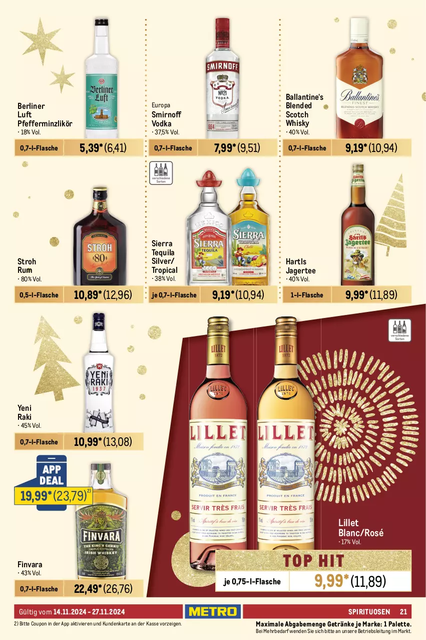 Aktueller Prospekt Metro - Food-Nonfood - von 14.11 bis 27.11.2024 - strona 21 - produkty: angebot, angebote, apfel, auer, ball, berliner, berliner luft, blended scotch, blended scotch whisky, brut, burgunder, casal garcia, Cava, champagne, champagner, coupon, doppio passo, ecco, eis, elle, erde, flasche, freixenet, frucht, früchte, früchten, getränk, getränke, grauburgunder, Holz, honig, Jagertee, käfer, likör, lillet, Metro, mumm, Palette, passo, pfeffer, pfefferminzlikör, pfirsich, Pinot, pinot grigio, primitivo, prosecco, puma, reis, Ria, rum, saft, Schal, Schale, scotch, scotch whisky, sekt, Sierra, sierra tequila, smirnoff, spirituosen, spumante, tee, tequila, Ti, valdo, vinho verde, vodka, wein, whisky, yeni raki, zitrone, zitronen