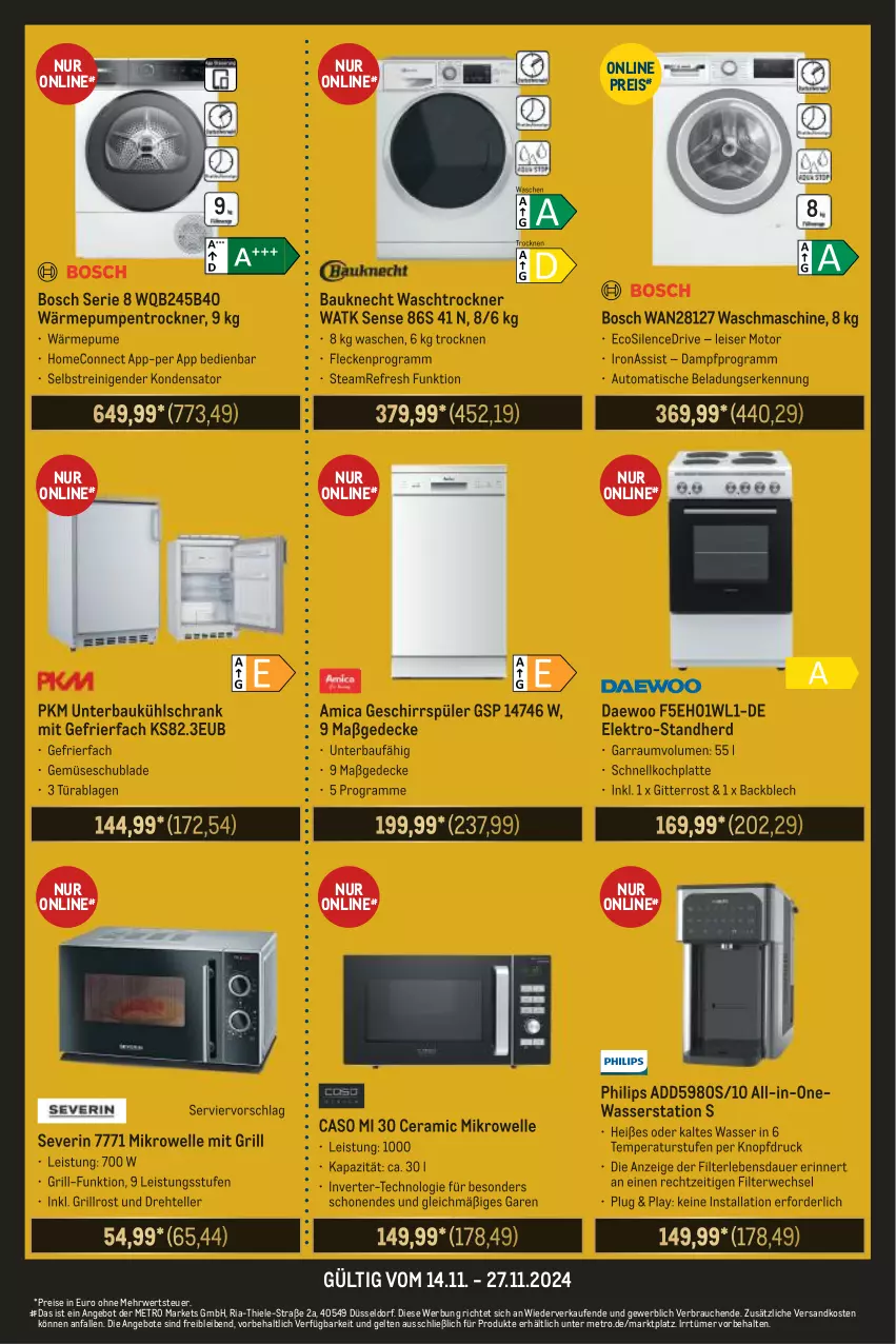 Aktueller Prospekt Metro - Food-Nonfood - von 14.11 bis 27.11.2024 - strona 37 - produkty: amica, angebot, angebote, auer, auto, Bau, bauknecht, bosch, decke, eis, Elektro, elle, garraum, gefrierfach, geschirr, geschirrspüler, grill, grillrost, HP, kühlschrank, kühlschrank mit, latte, Metro, mikrowelle, ndk, Philips, Rauch, reis, Ria, rwe, Schrank, severin, teller, Ti, tisch, Trockner, wärmepumpentrockner, waschmaschine, waschtrockner, wasser