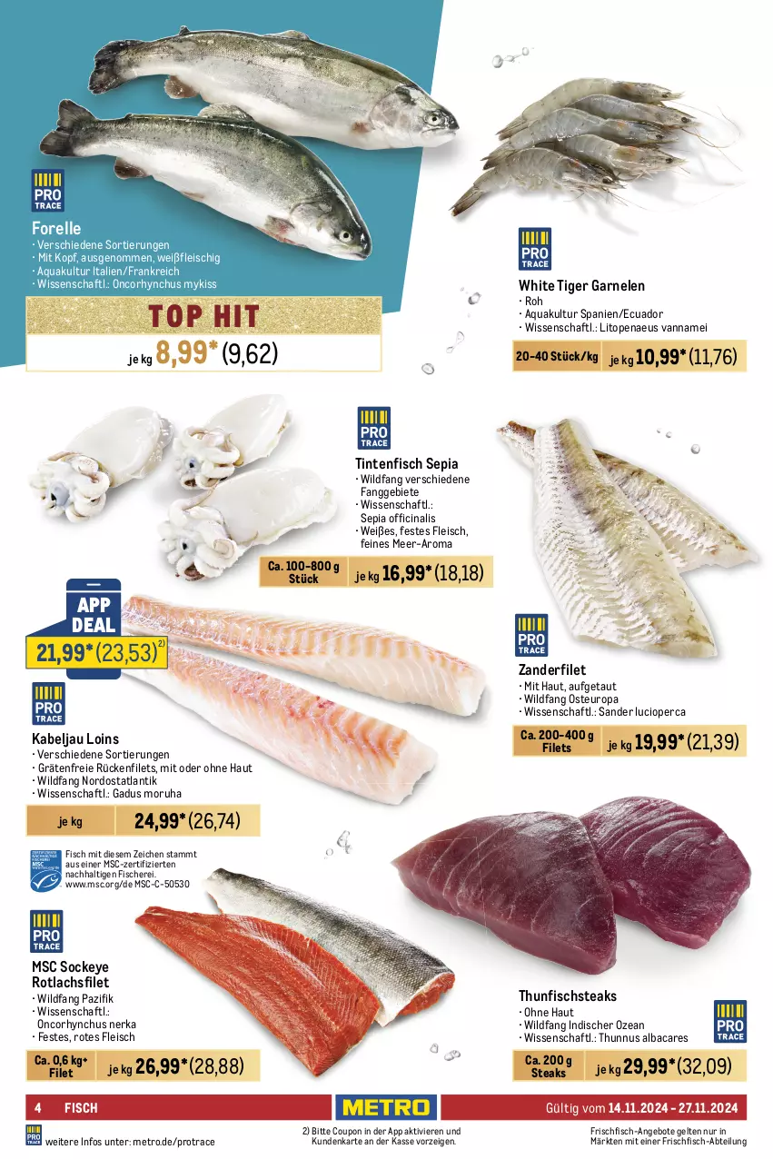 Aktueller Prospekt Metro - Food-Nonfood - von 14.11 bis 27.11.2024 - strona 4 - produkty: Abtei, angebot, angebote, antipasti, aqua, asti, beutel, bsf, cin, coupon, eis, elle, feinkost, filet, filets, fisch, fische, Fischer, Fischfeinkost, fleisch, forelle, frischfisch, garnelen, jacobs, Krebs, lachs, lachsfilet, Metro, rel, sauce, saucen, Schal, Schale, Schere, steak, steaks, thunfisch, Ti, Wild, wildlachs, Zander