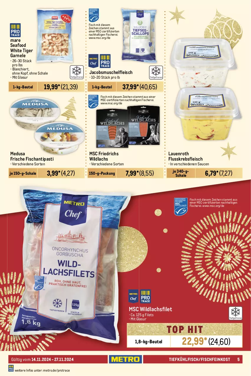 Aktueller Prospekt Metro - Food-Nonfood - von 14.11 bis 27.11.2024 - strona 5 - produkty: Abtei, angebot, angebote, antipasti, aqua, asti, beutel, bsf, cin, coupon, eis, elle, feinkost, filet, filets, fisch, fische, Fischer, Fischfeinkost, fleisch, forelle, frischfisch, garnelen, jacobs, Krebs, lachs, lachsfilet, Metro, rel, sauce, saucen, Schal, Schale, Schere, steak, steaks, thunfisch, Ti, Wild, wildlachs, Zander